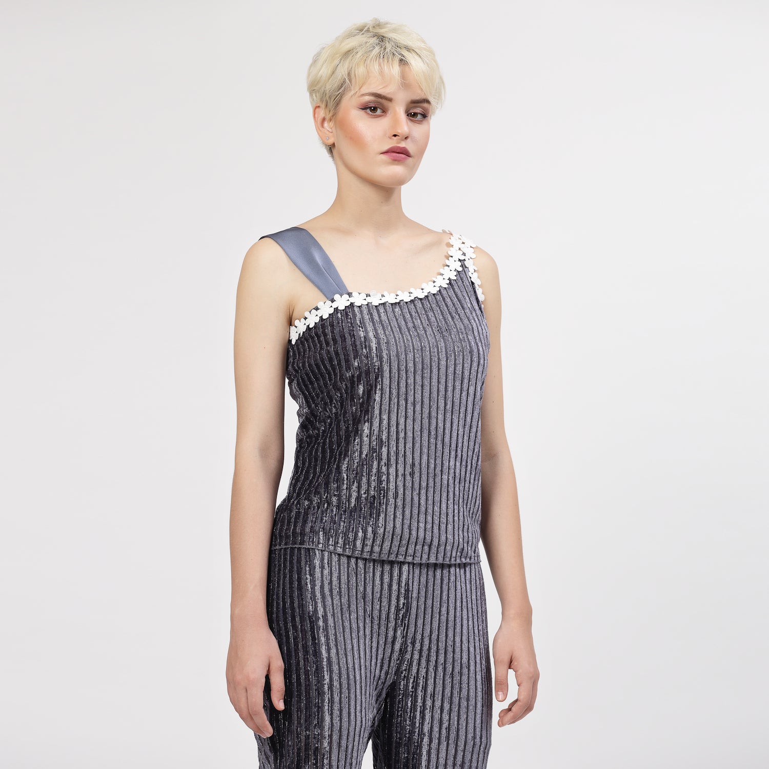 Grey Velvet Top With Flower Lace And Satin, tops for women, crop top, crop tops for women, organza tops