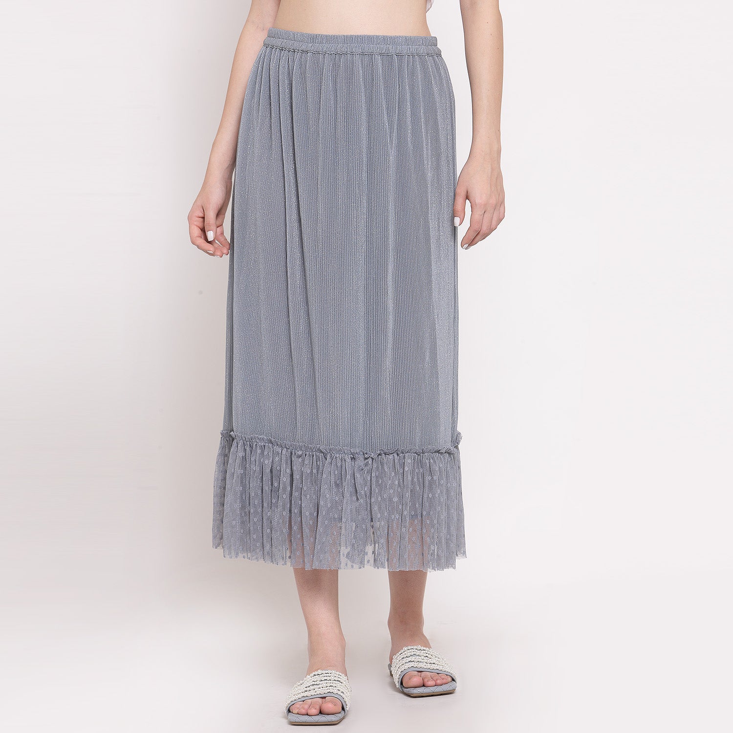 Grey Plisse Long Skirt With Frill