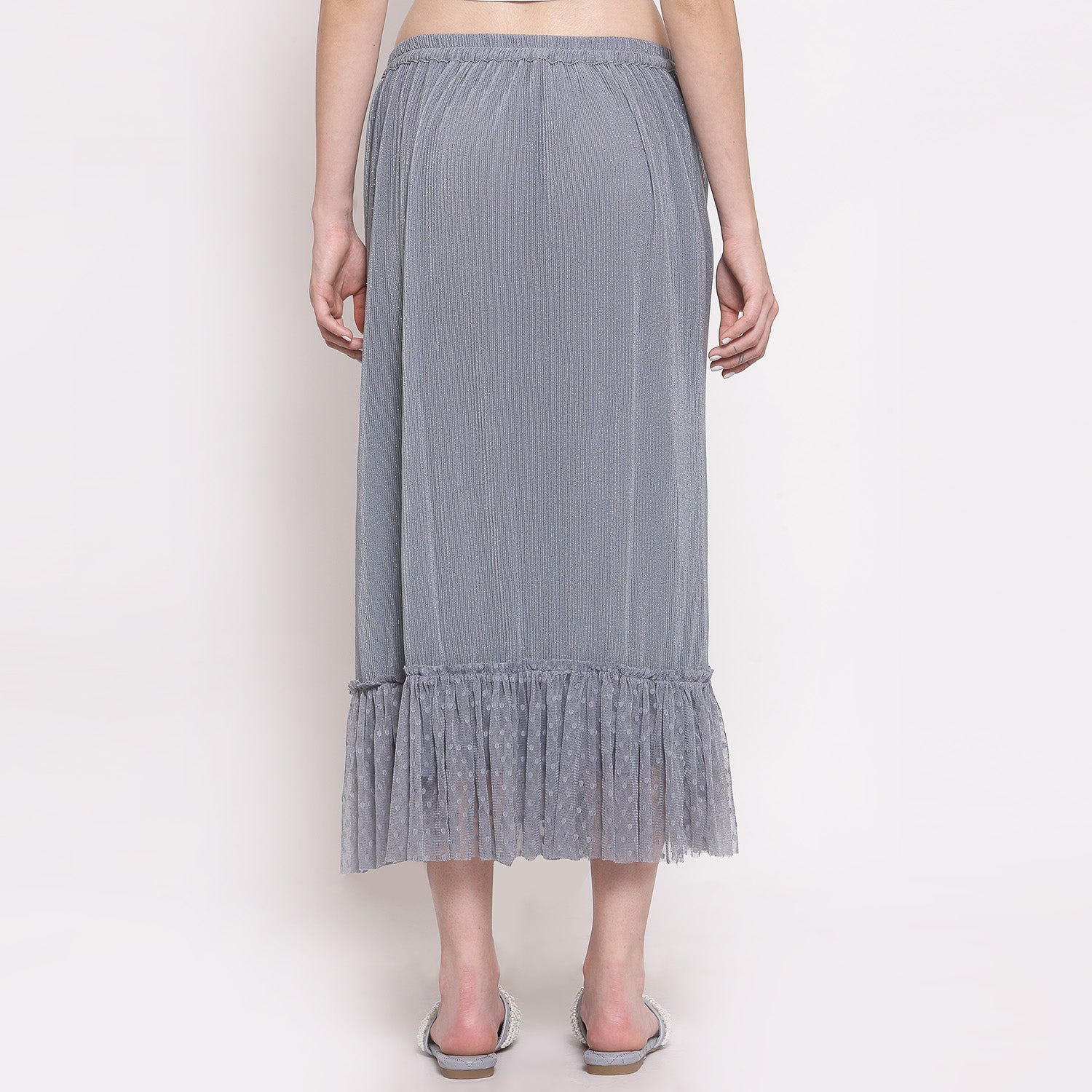 Grey Plisse Long Skirt With Frill