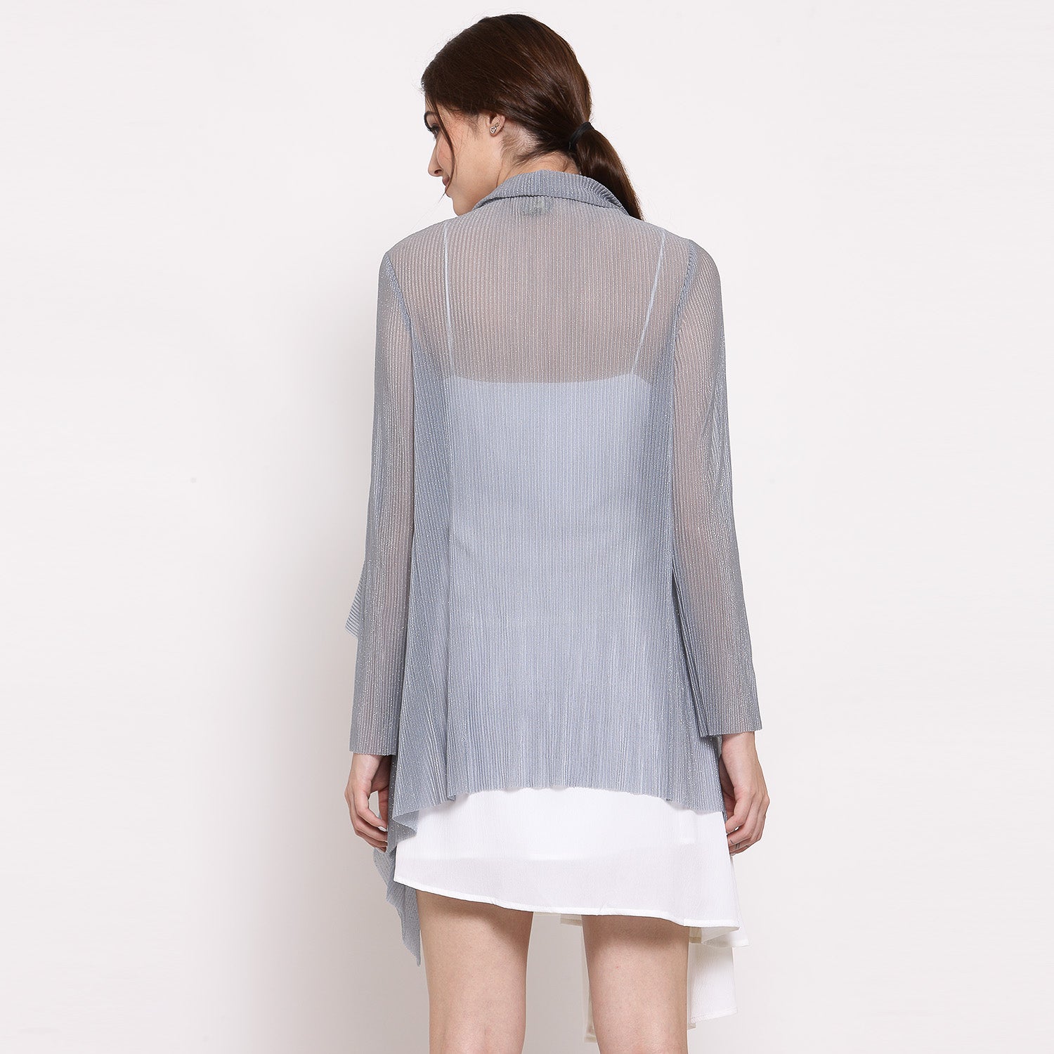 Grey Plisse Short Drape Jacket With Sleeve