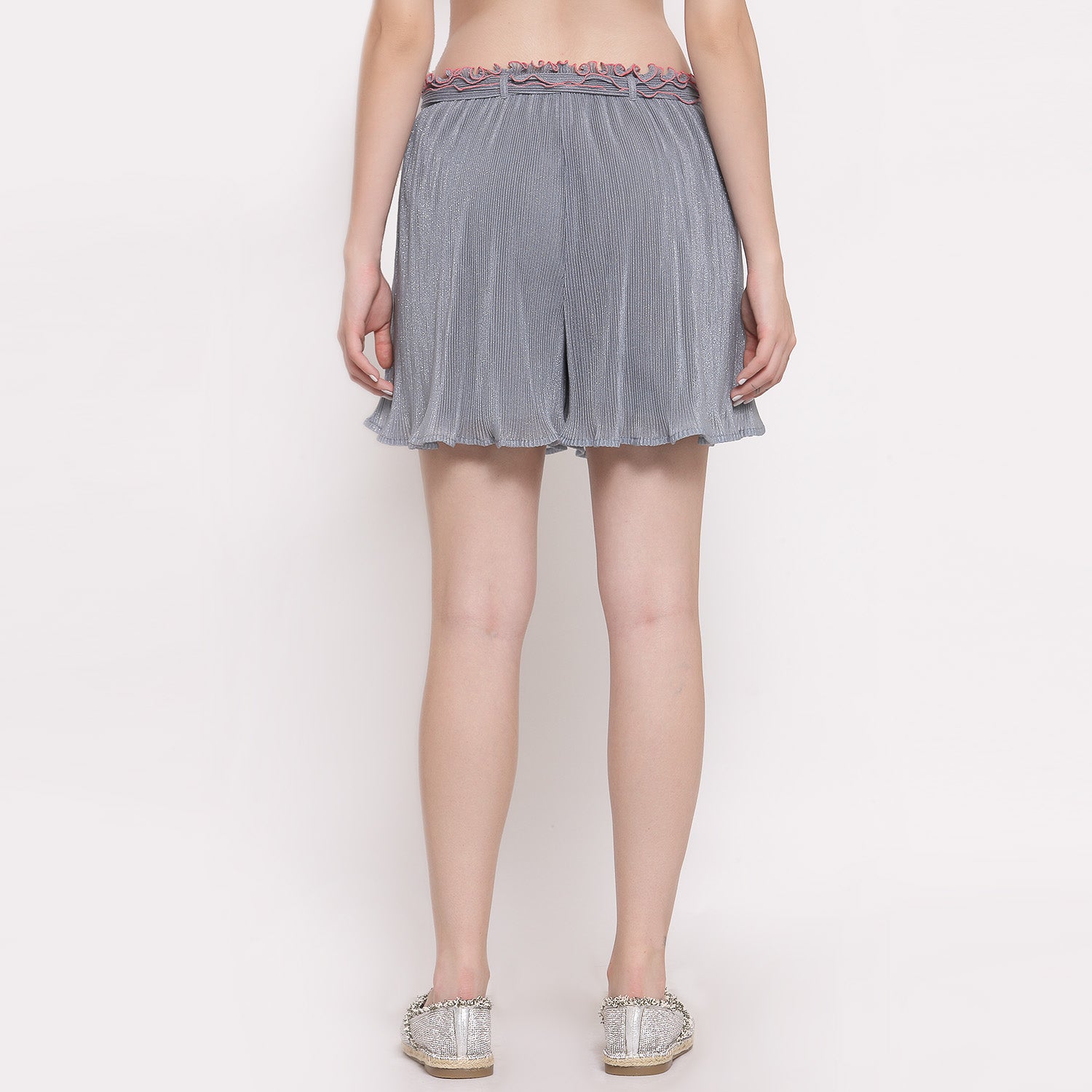 Plisse Grey Shorts With Belt