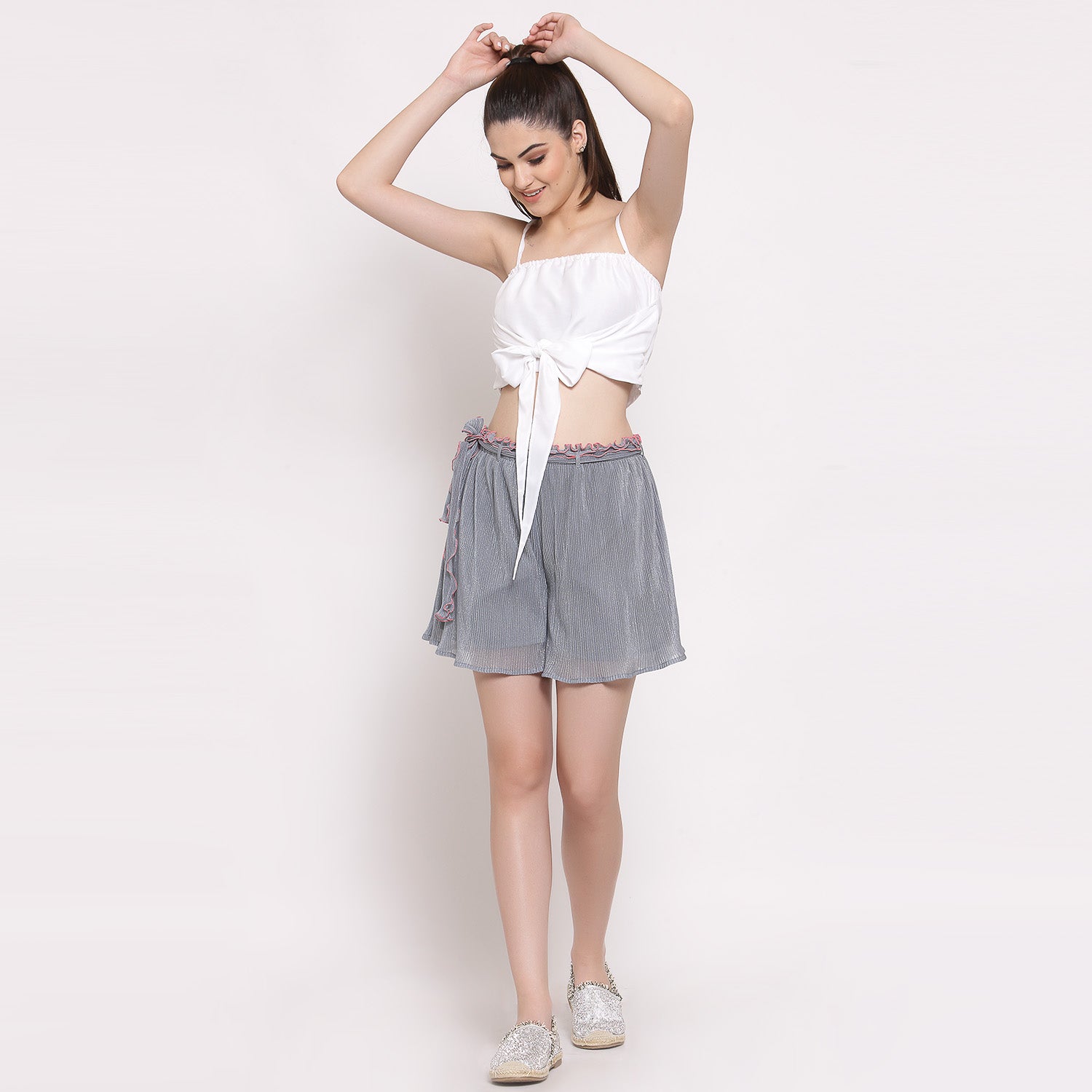 Plisse Grey Shorts With Belt