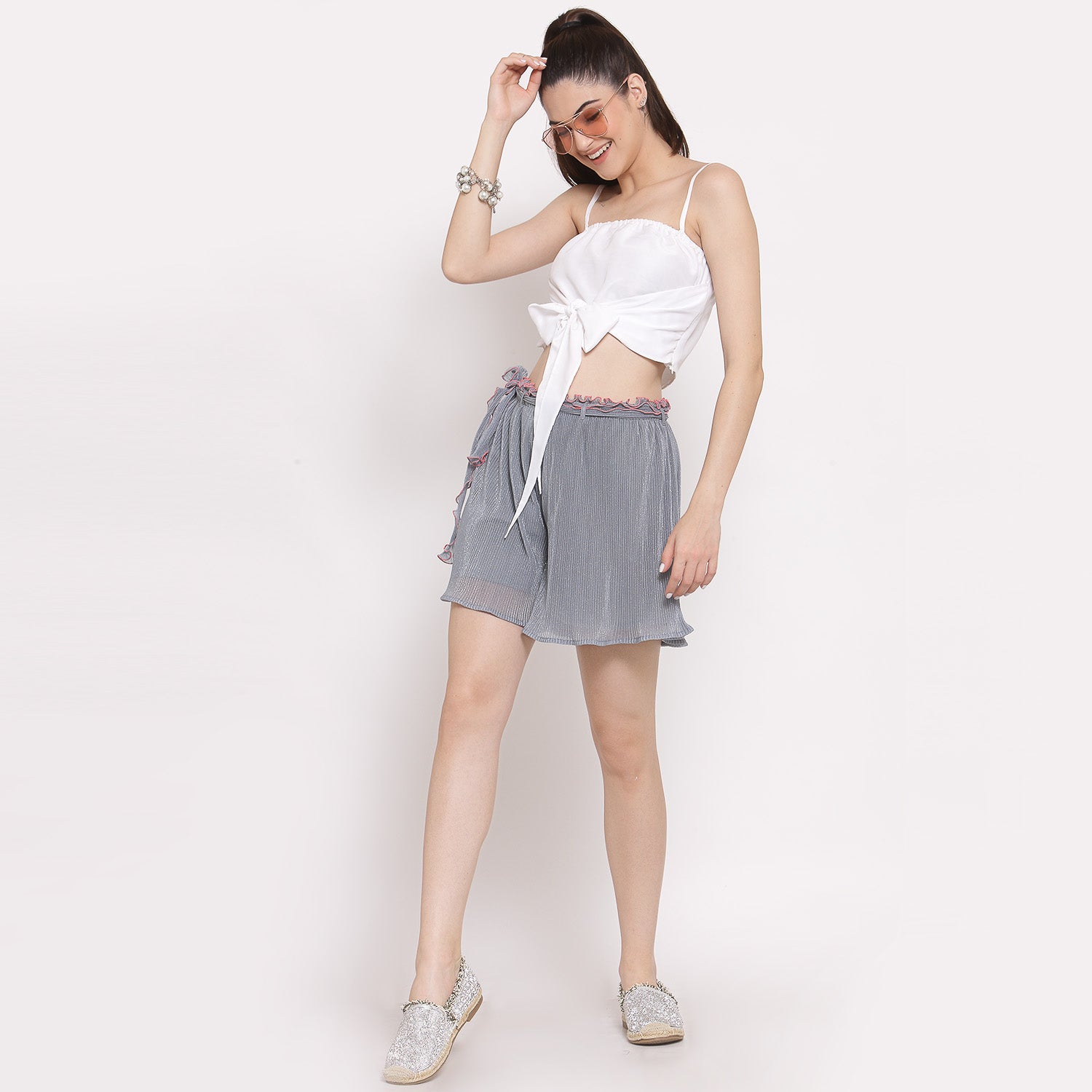 Plisse Grey Shorts With Belt