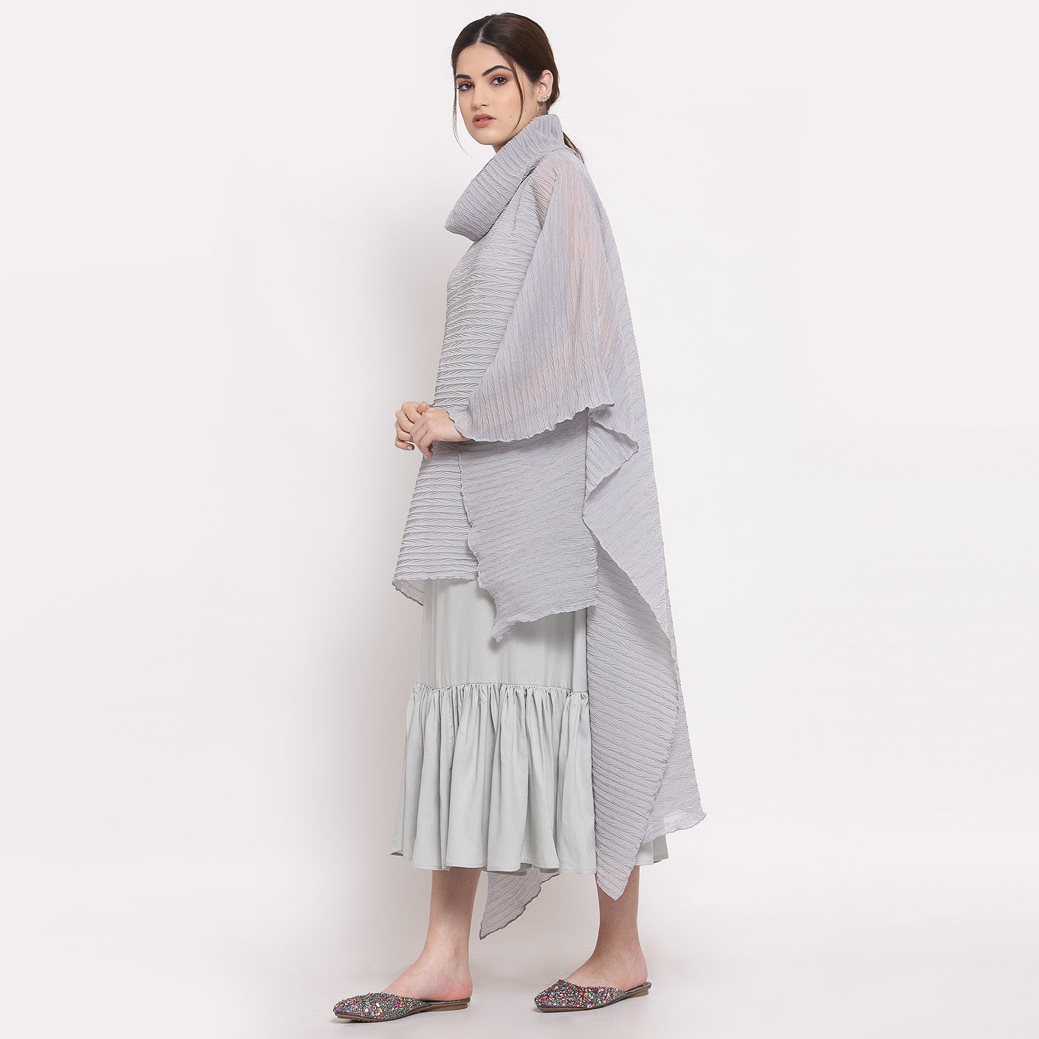 Grey Chiffon Plisse Long Kaftan