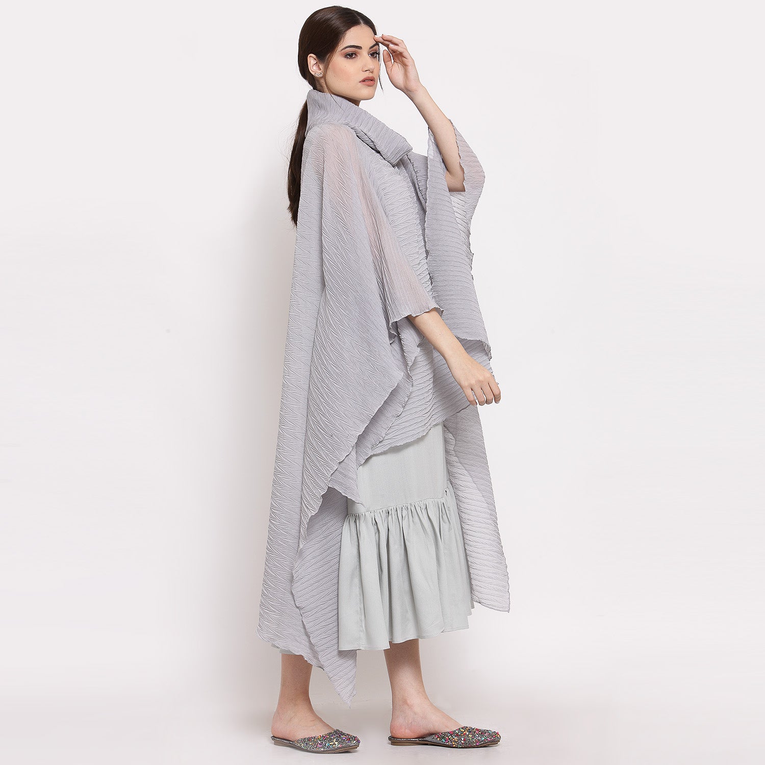 Grey Chiffon Plisse Long Kaftan