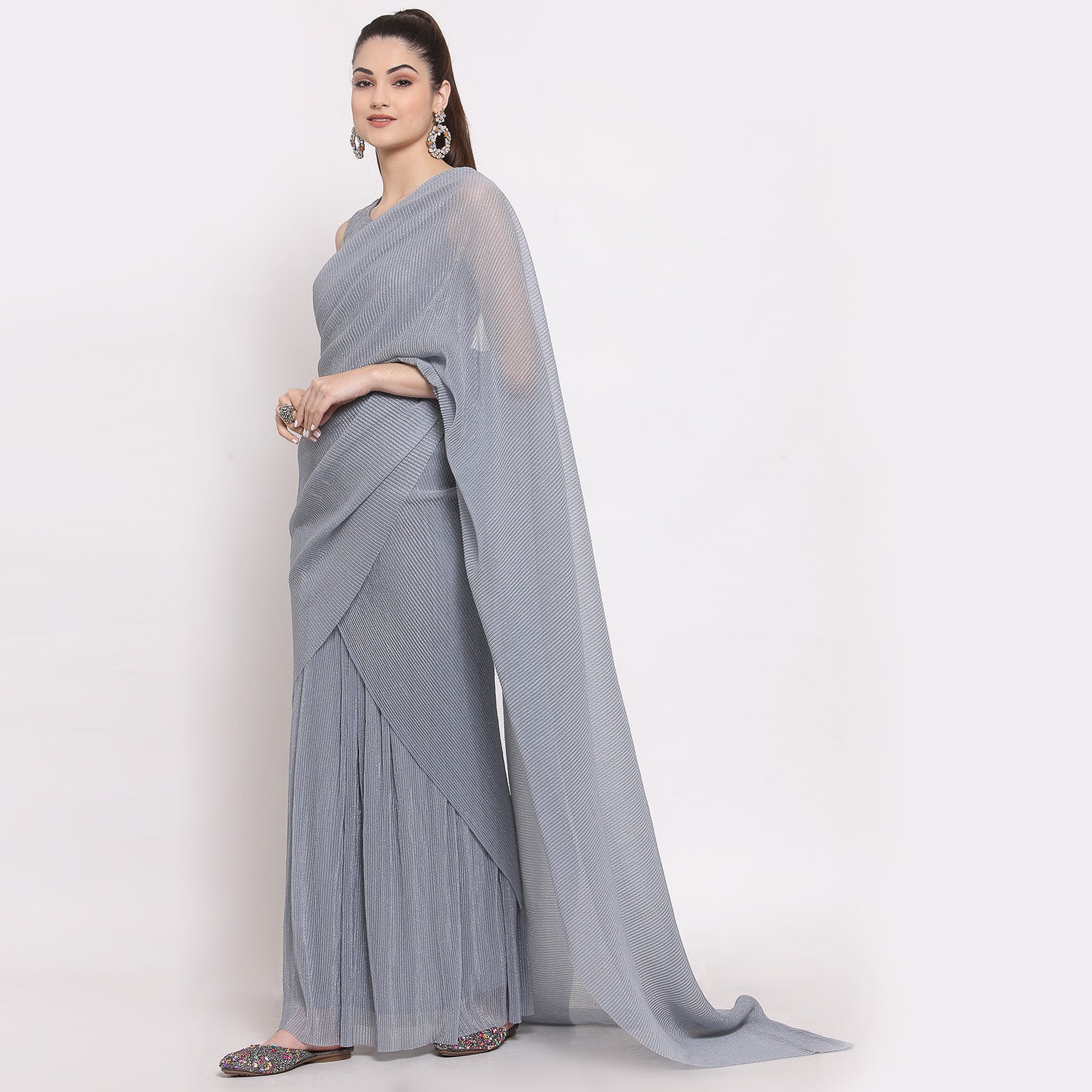 Grey Drape Saree With Net And Plisse Fabric