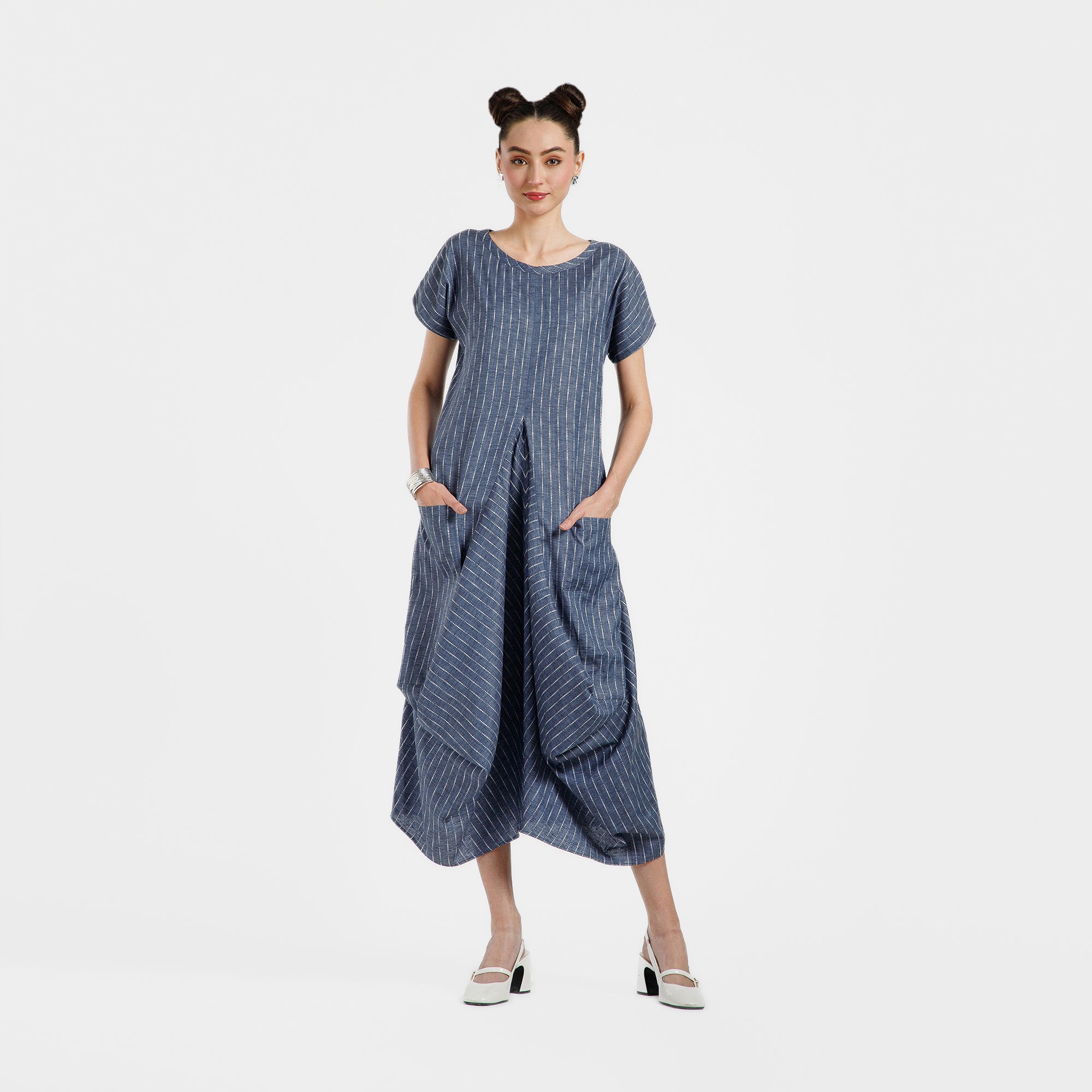 Blue Light Denim Draped Line Dress With Pocket