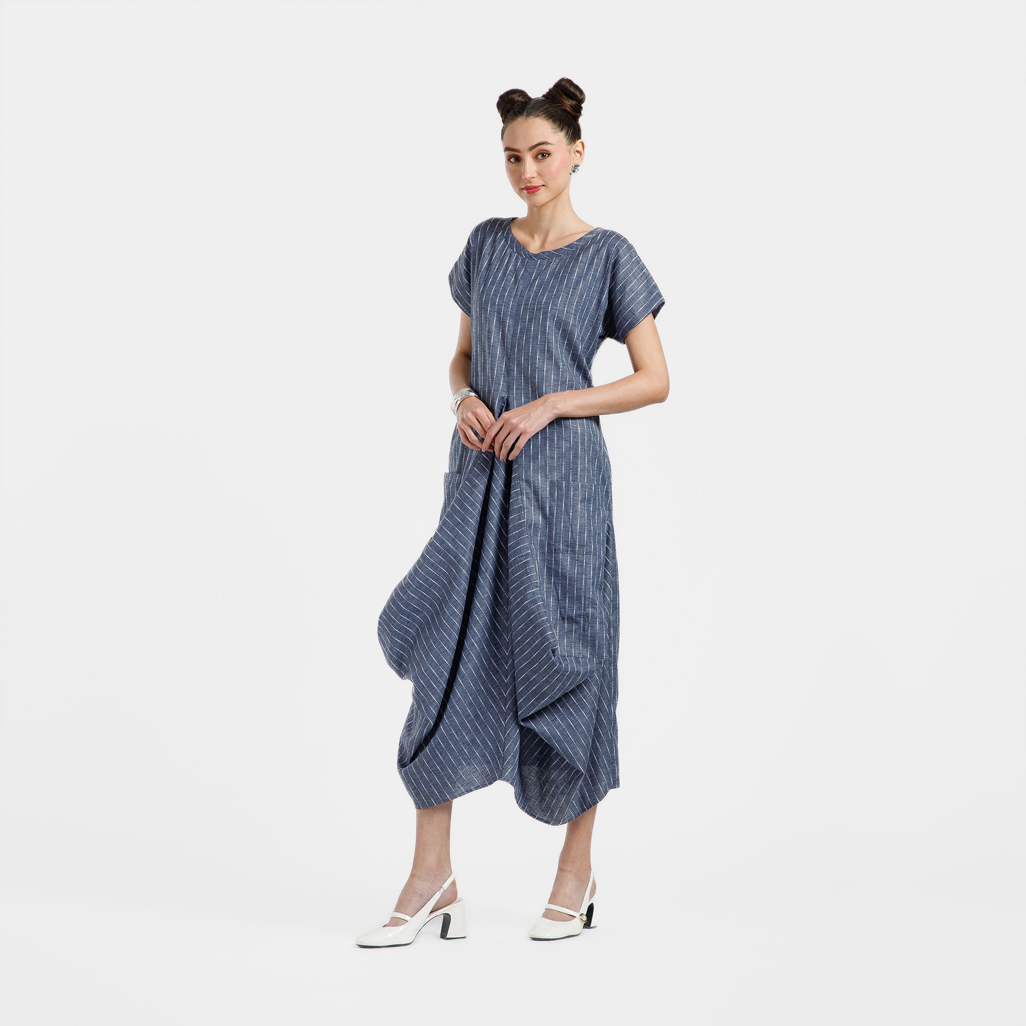 Blue Light Denim Draped Line Dress With Pocket
