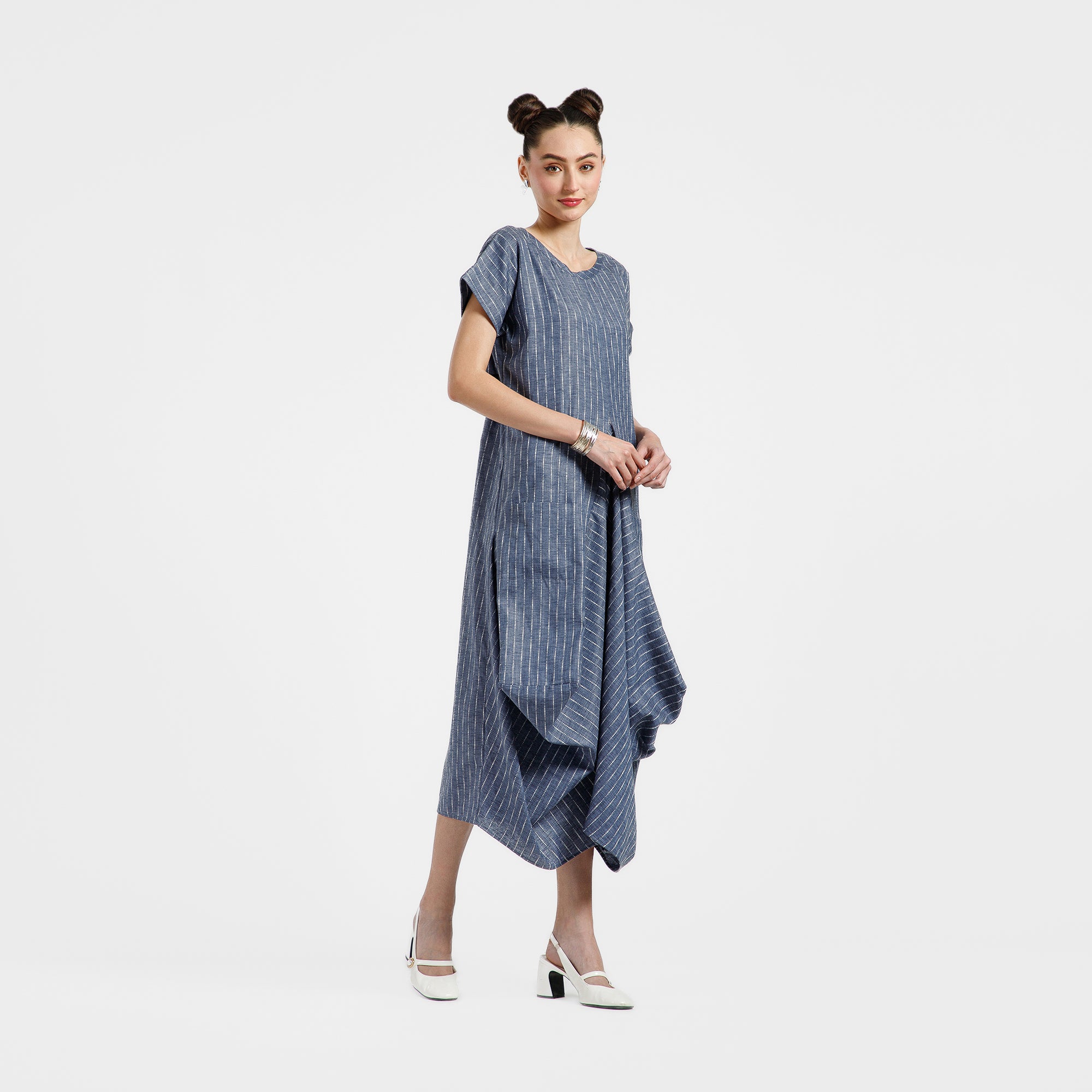 Blue Light Denim Draped Line Dress With Pocket