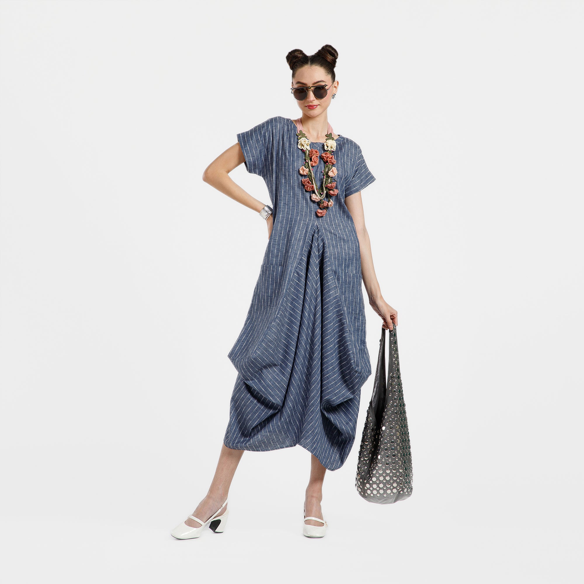 Blue Light Denim Draped Line Dress With Pocket