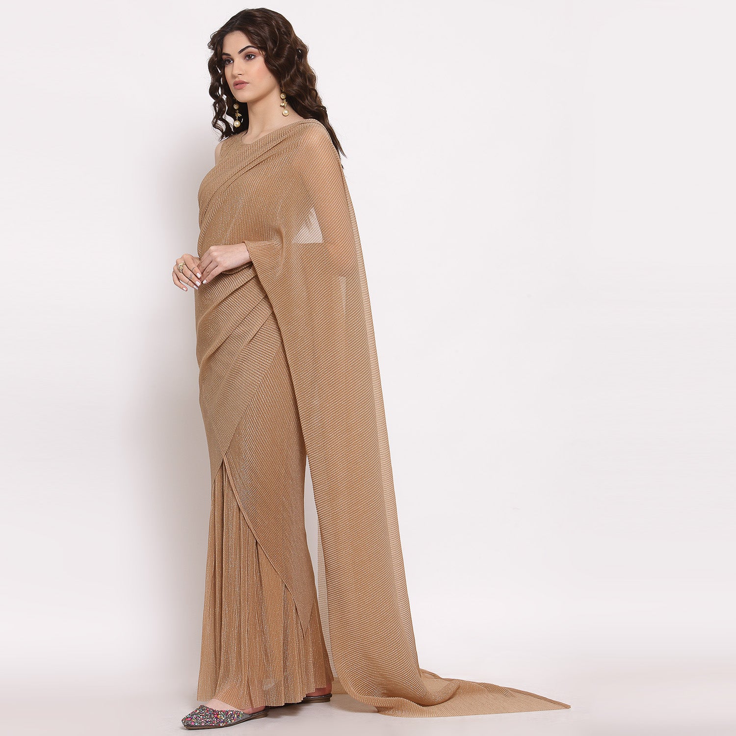 Beige Drape Saree With Net And Plisse Fabric