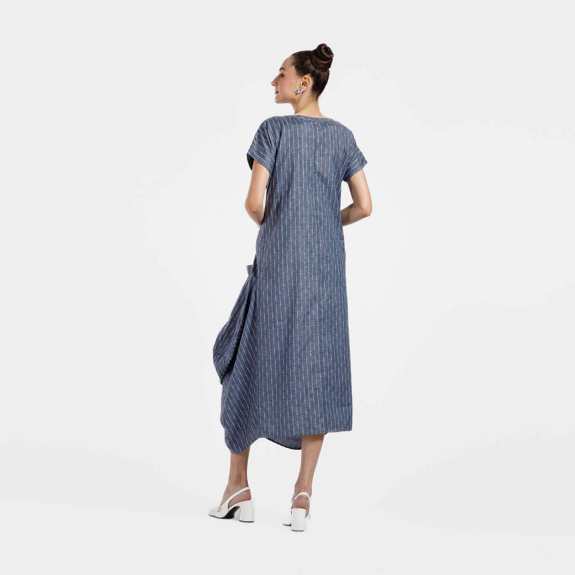 Blue Light Denim Draped Line Dress With Pocket
