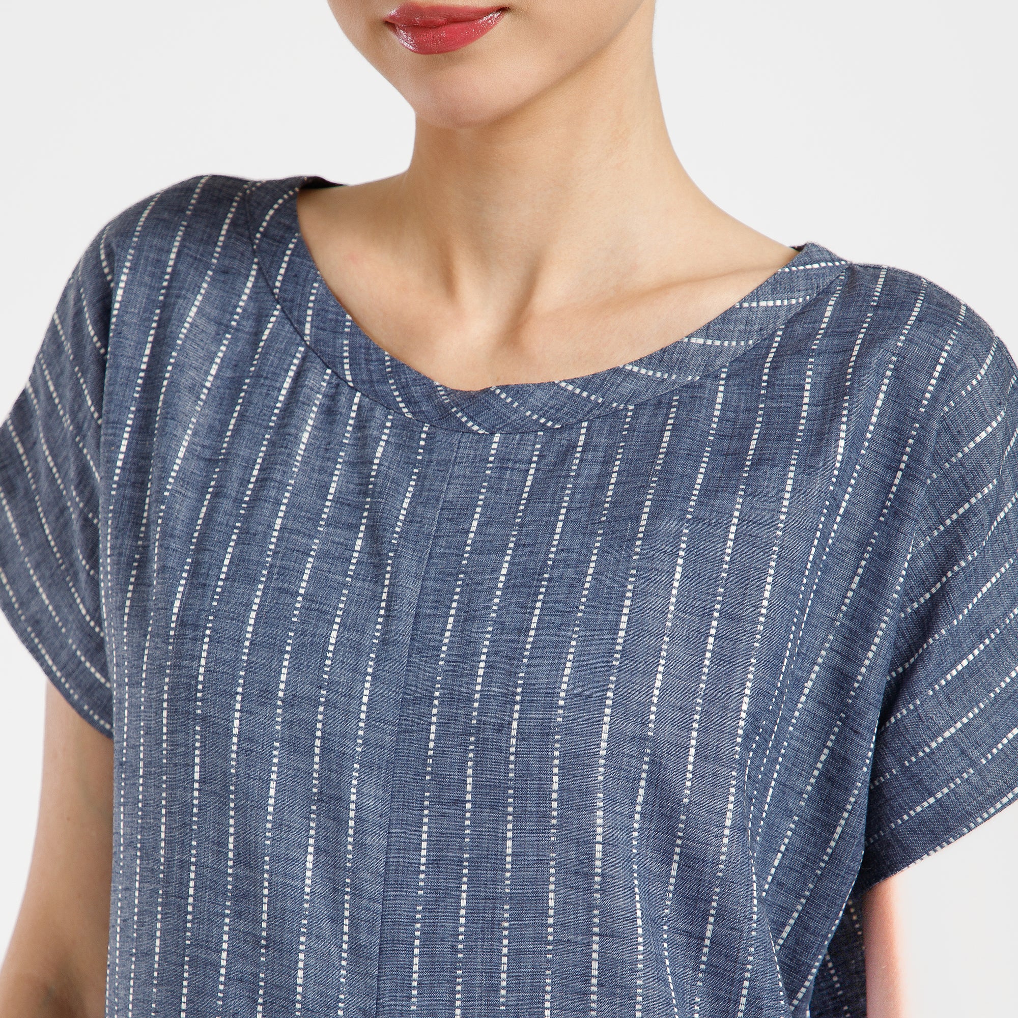 Blue Light Denim Draped Line Dress With Pocket