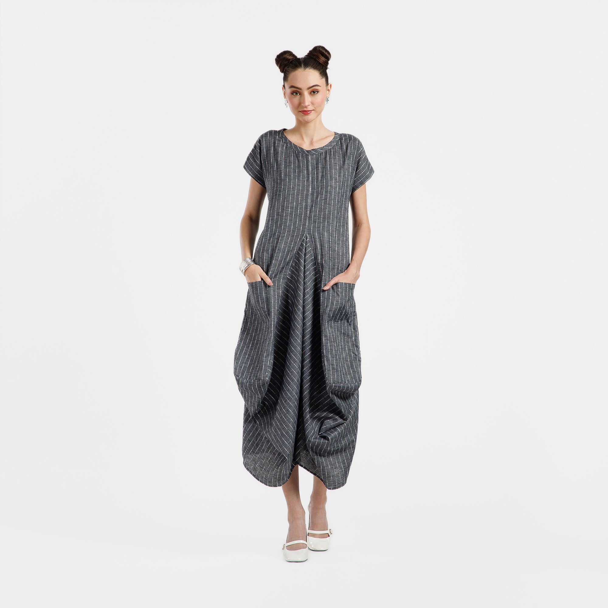 Grey Light Denim Draped Line Dress With Pocket