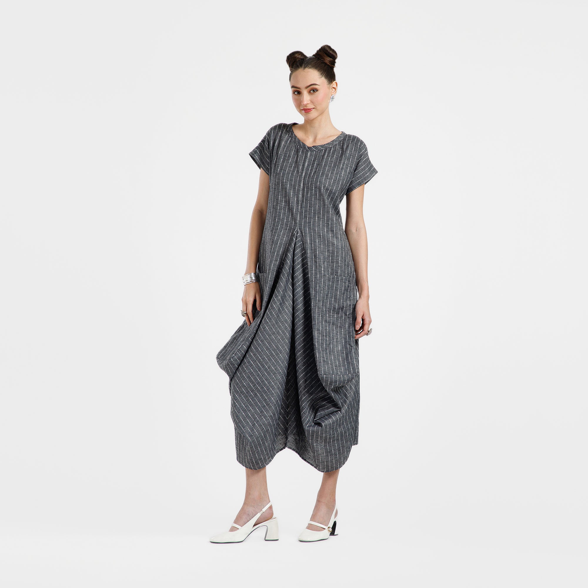 Grey Light Denim Draped Line Dress With Pocket