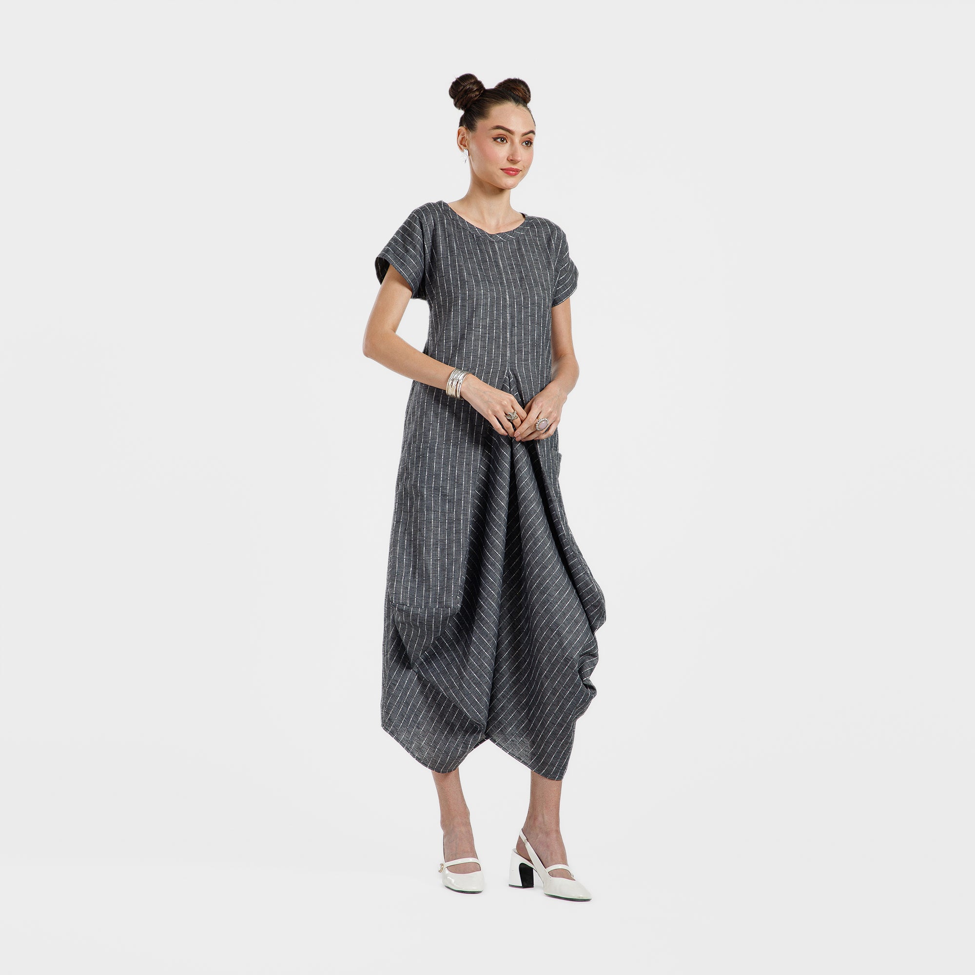 Grey Light Denim Draped Line Dress With Pocket