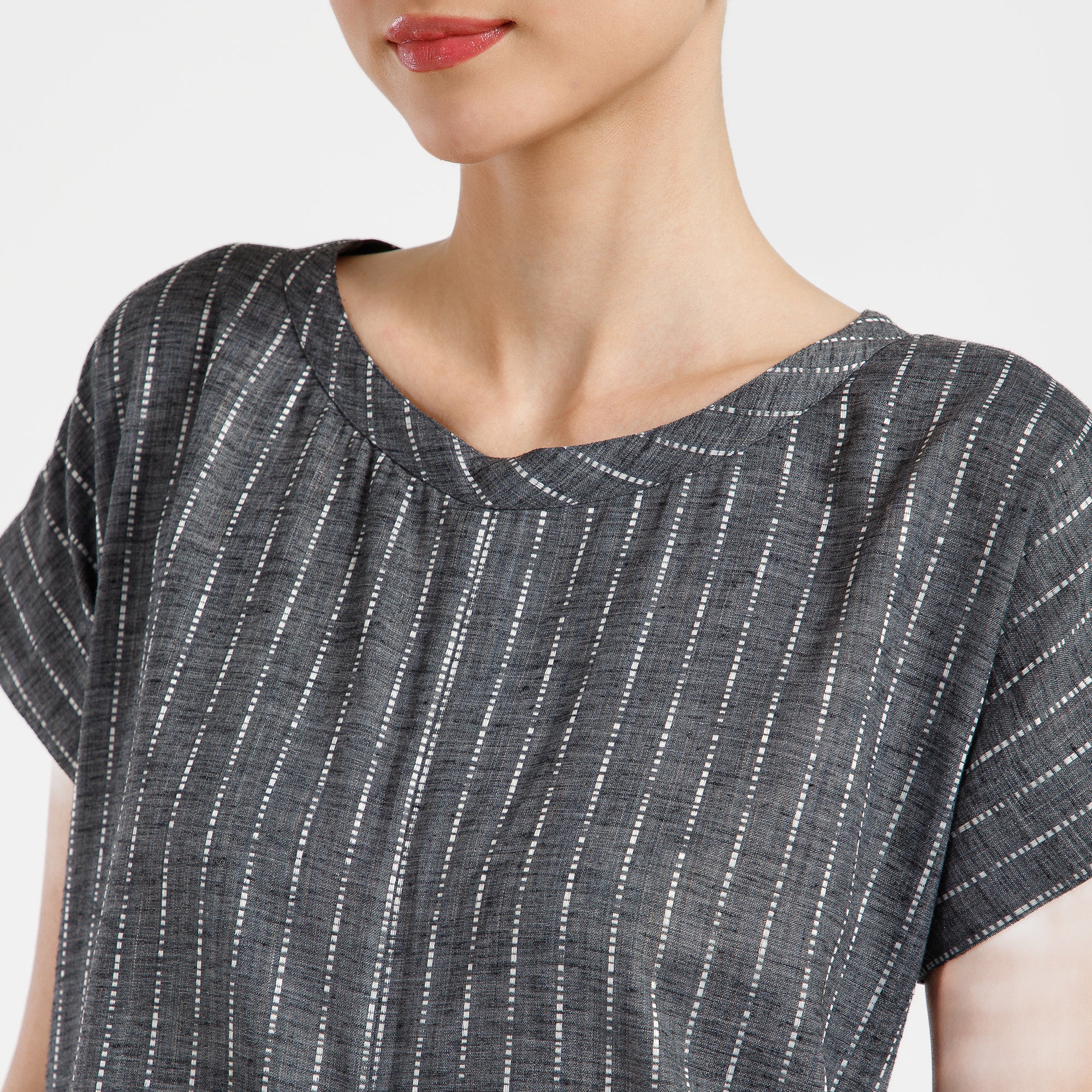 Grey Light Denim Draped Line Dress With Pocket