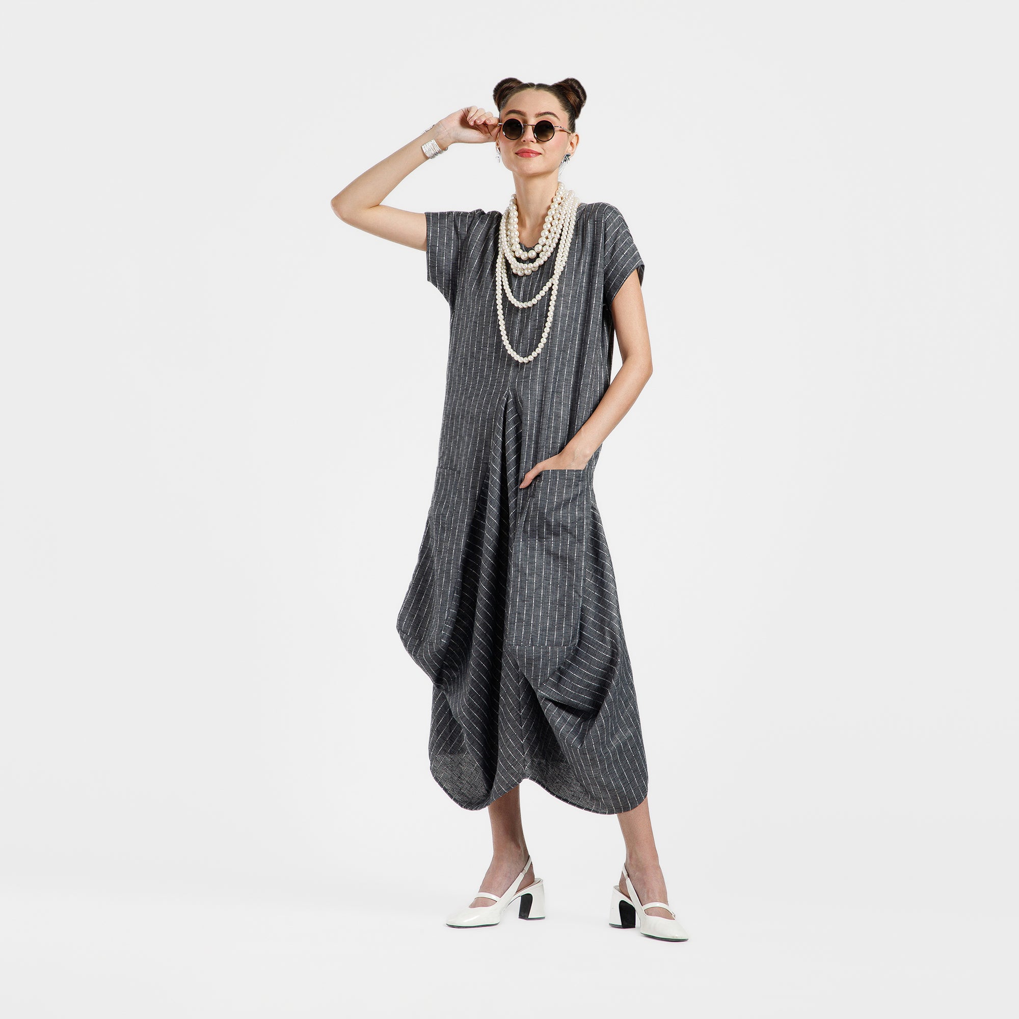 Grey Light Denim Draped Line Dress With Pocket