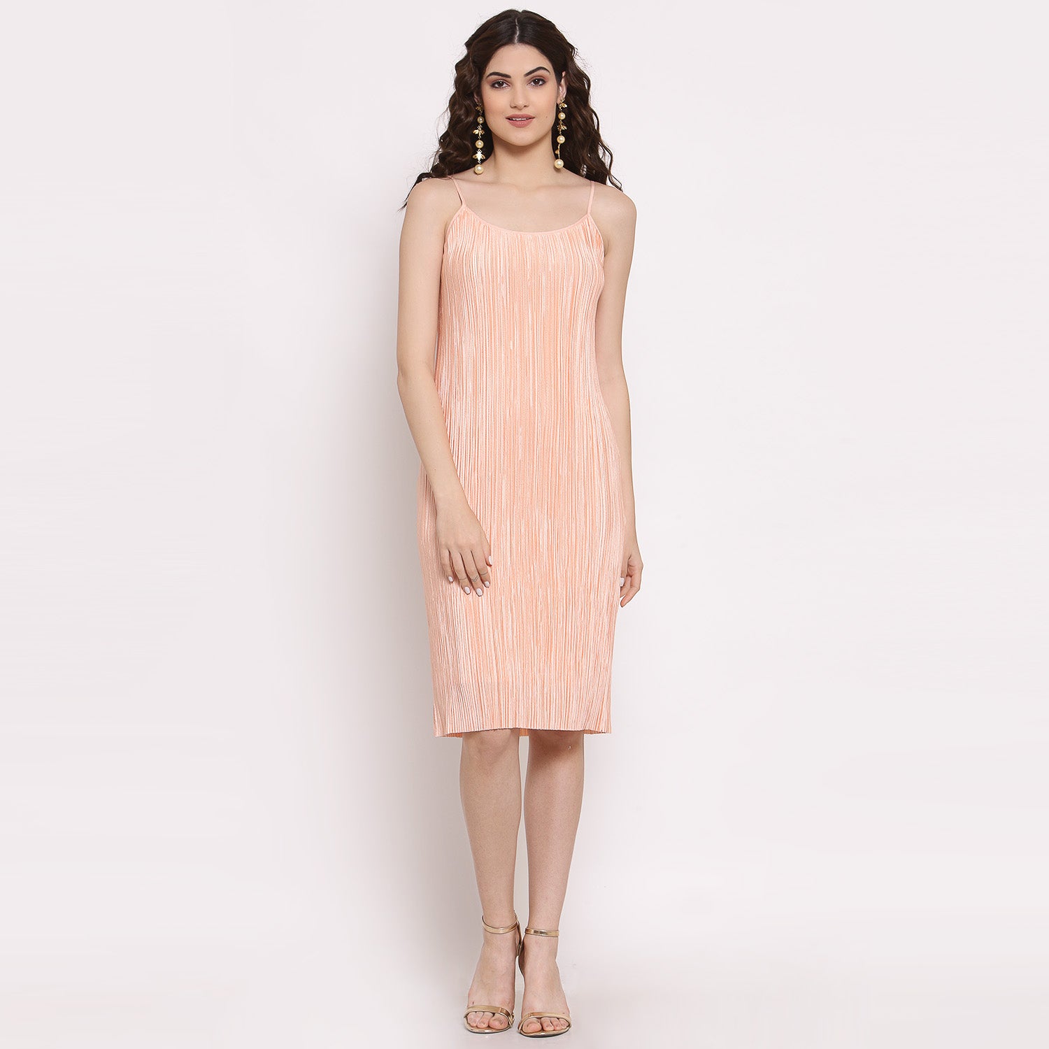 Peach Satin Plisse Fabric Spaghetti Dress