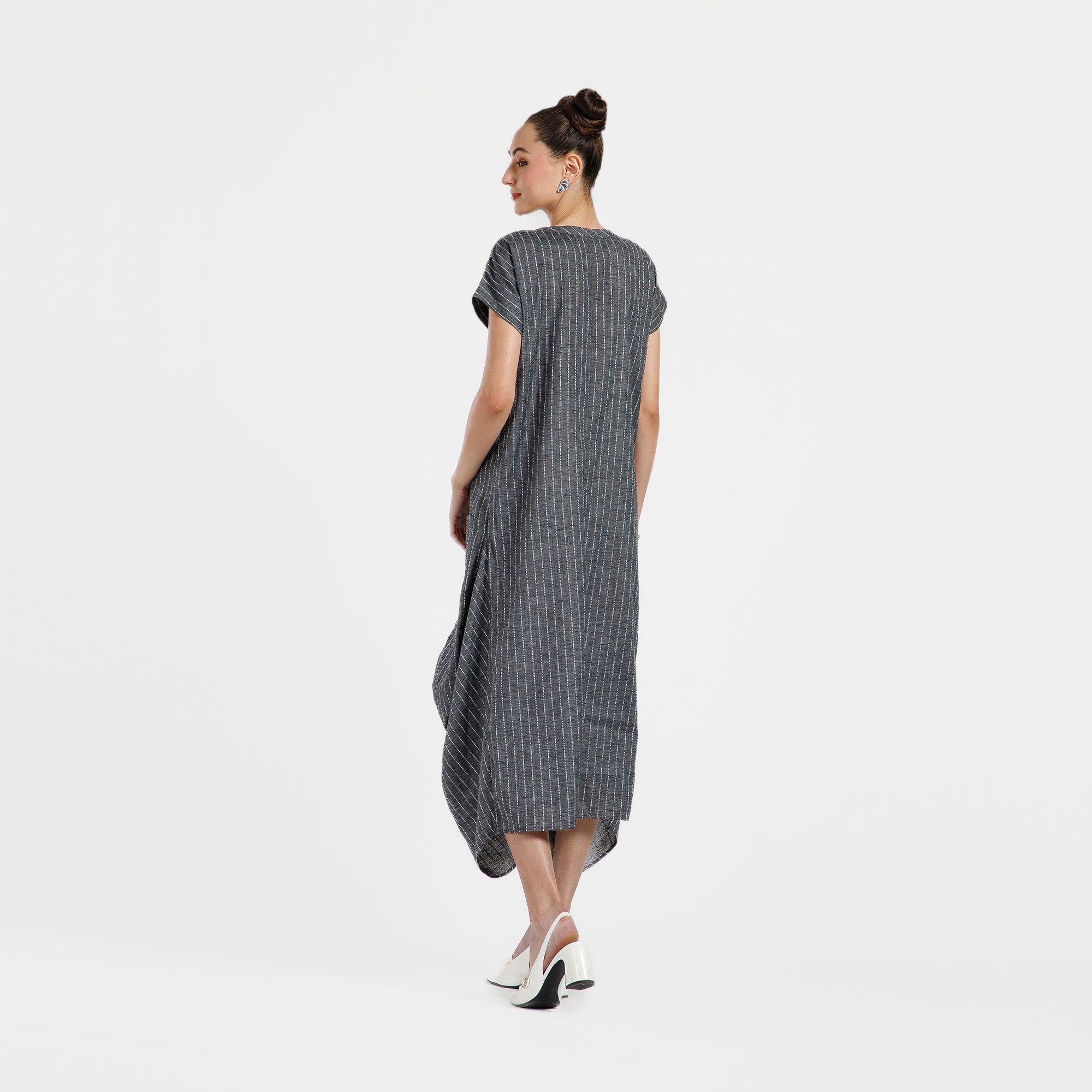 Grey Light Denim Draped Line Dress With Pocket