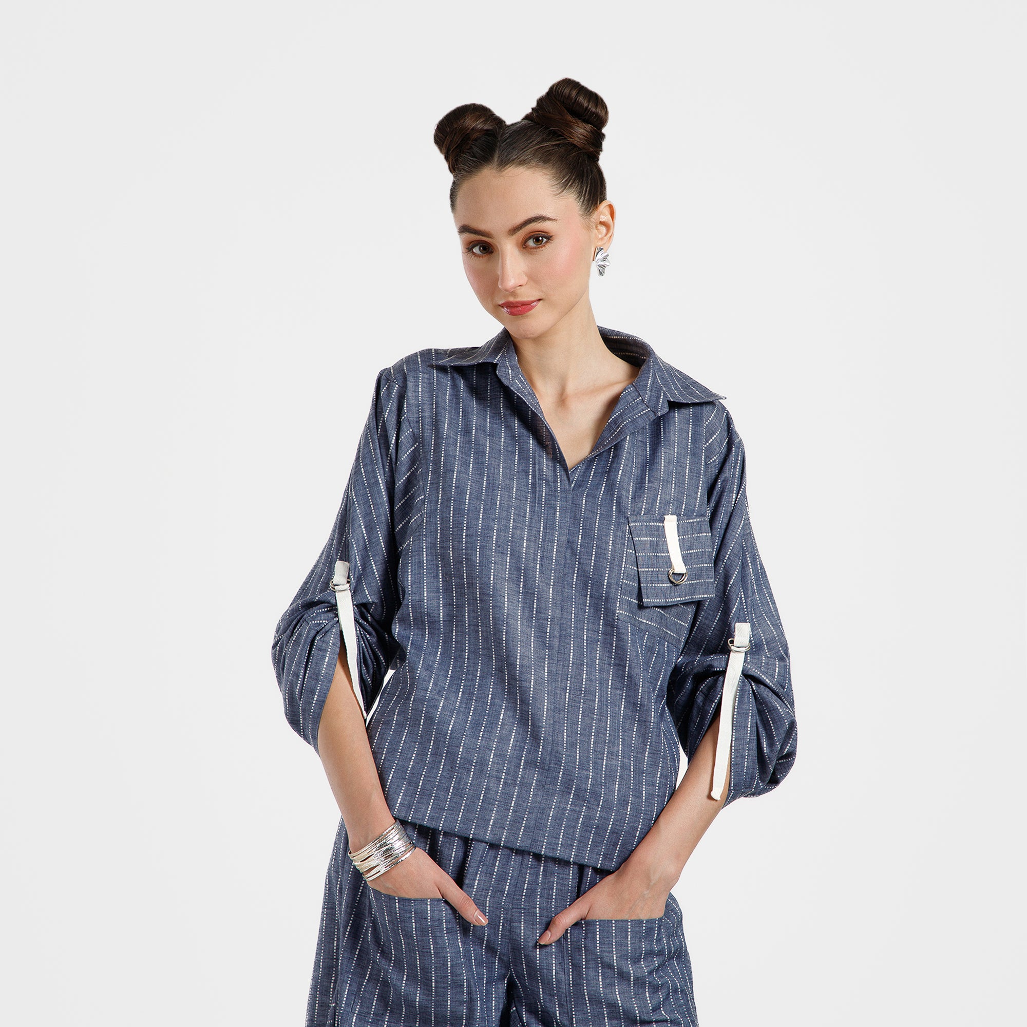 Blue Light Denim Line Top With White Tape