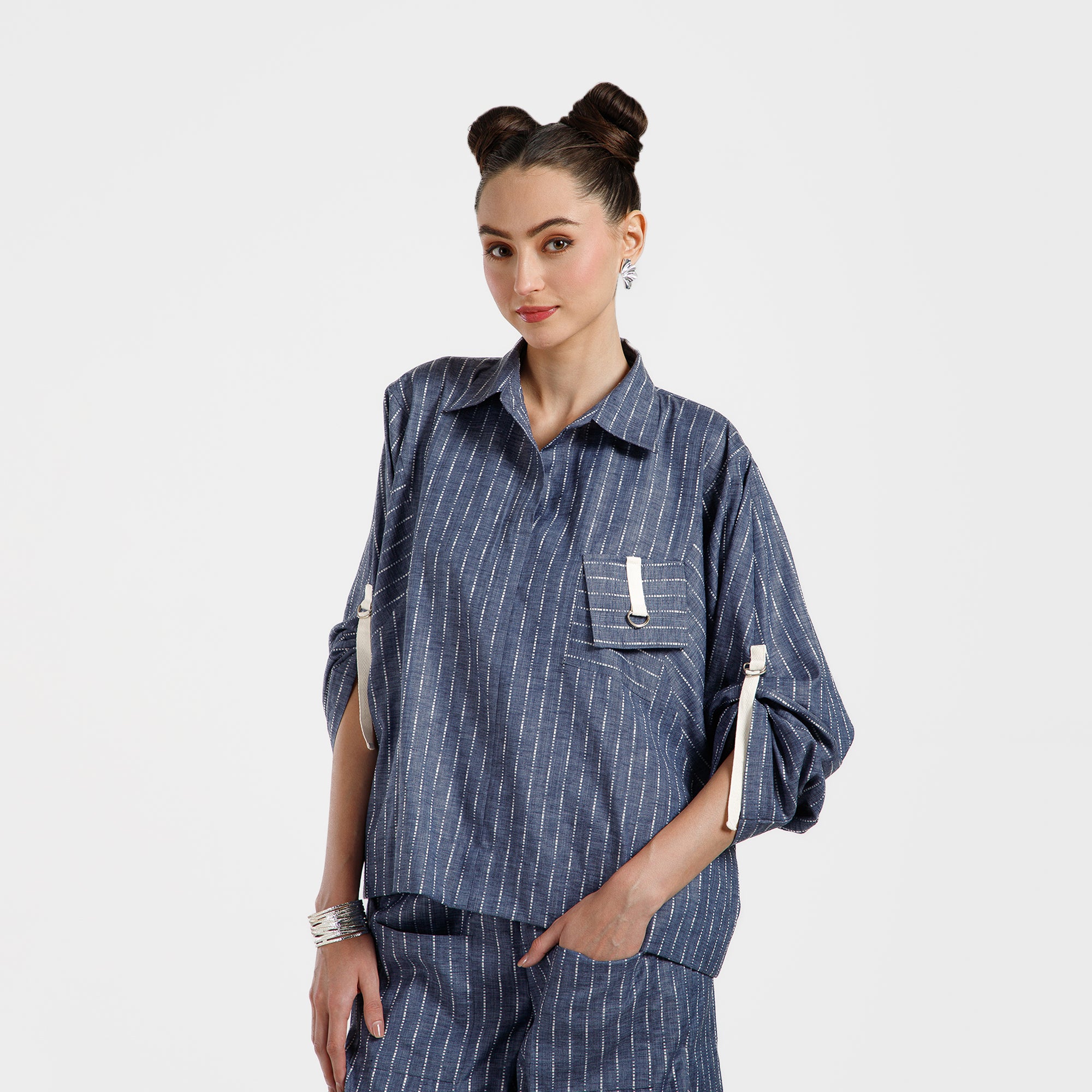 Blue Light Denim Line Top With White Tape