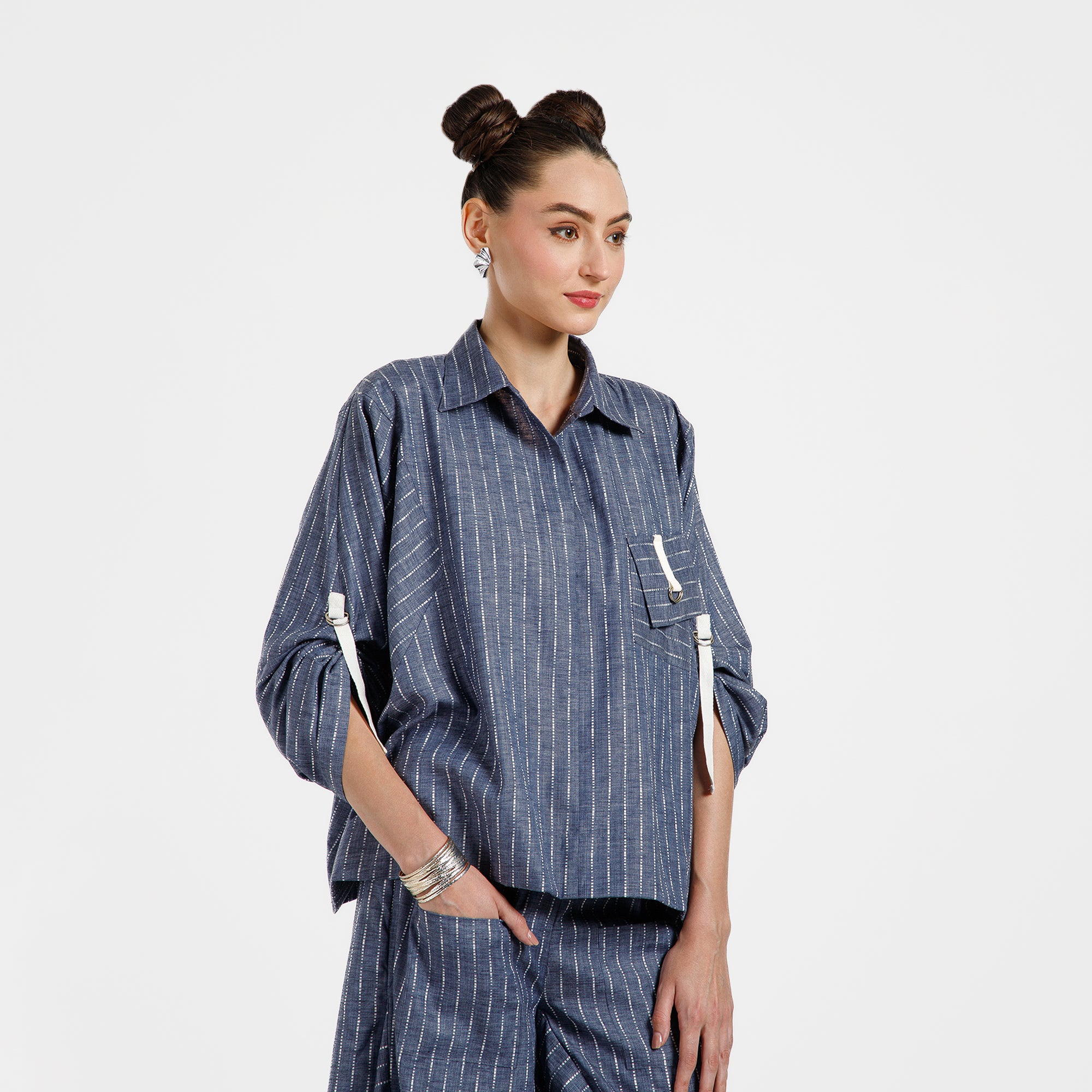Blue Light Denim Line Top With White Tape
