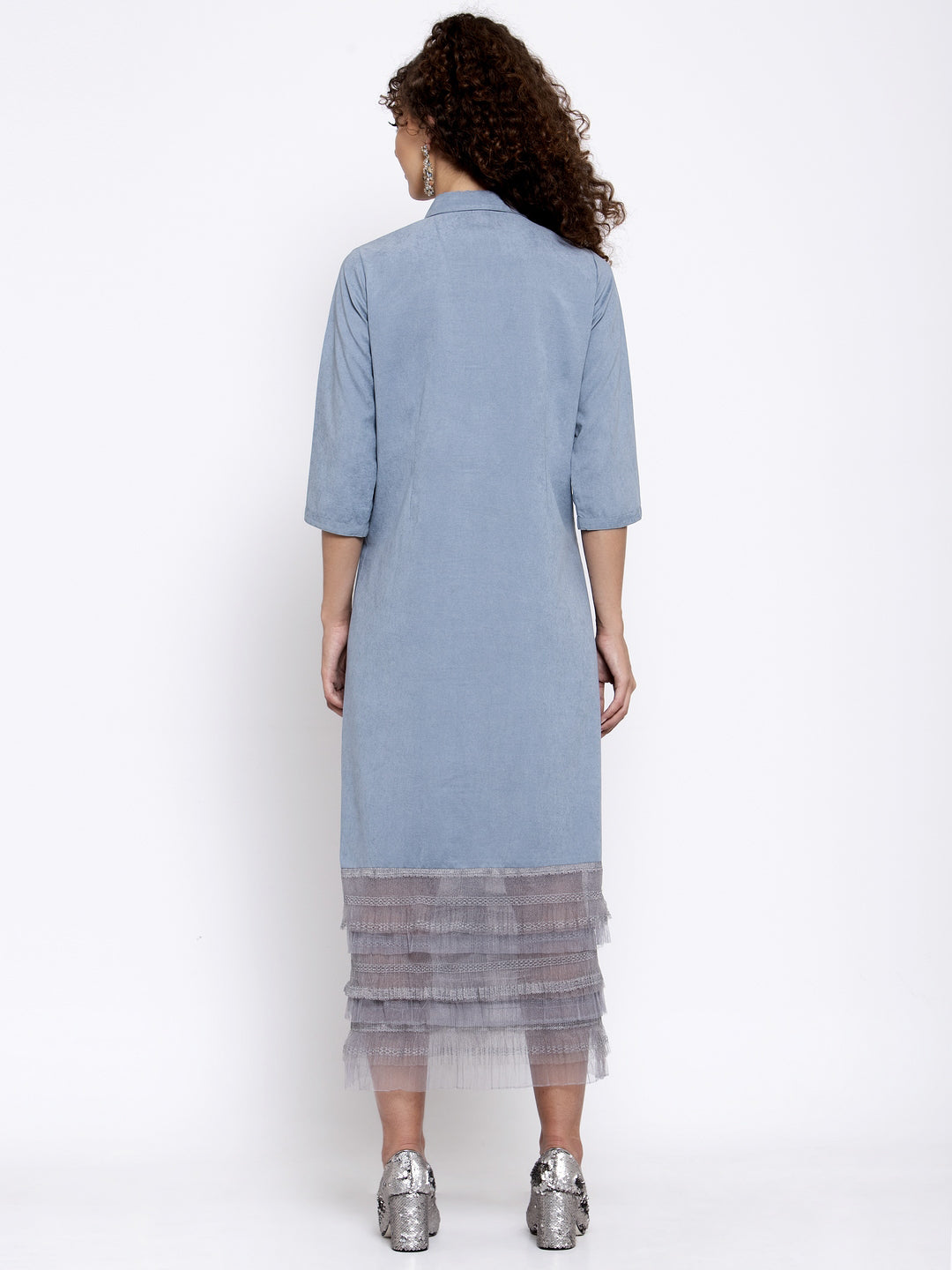 Blue Long Dress With Grey Frill At Bottom