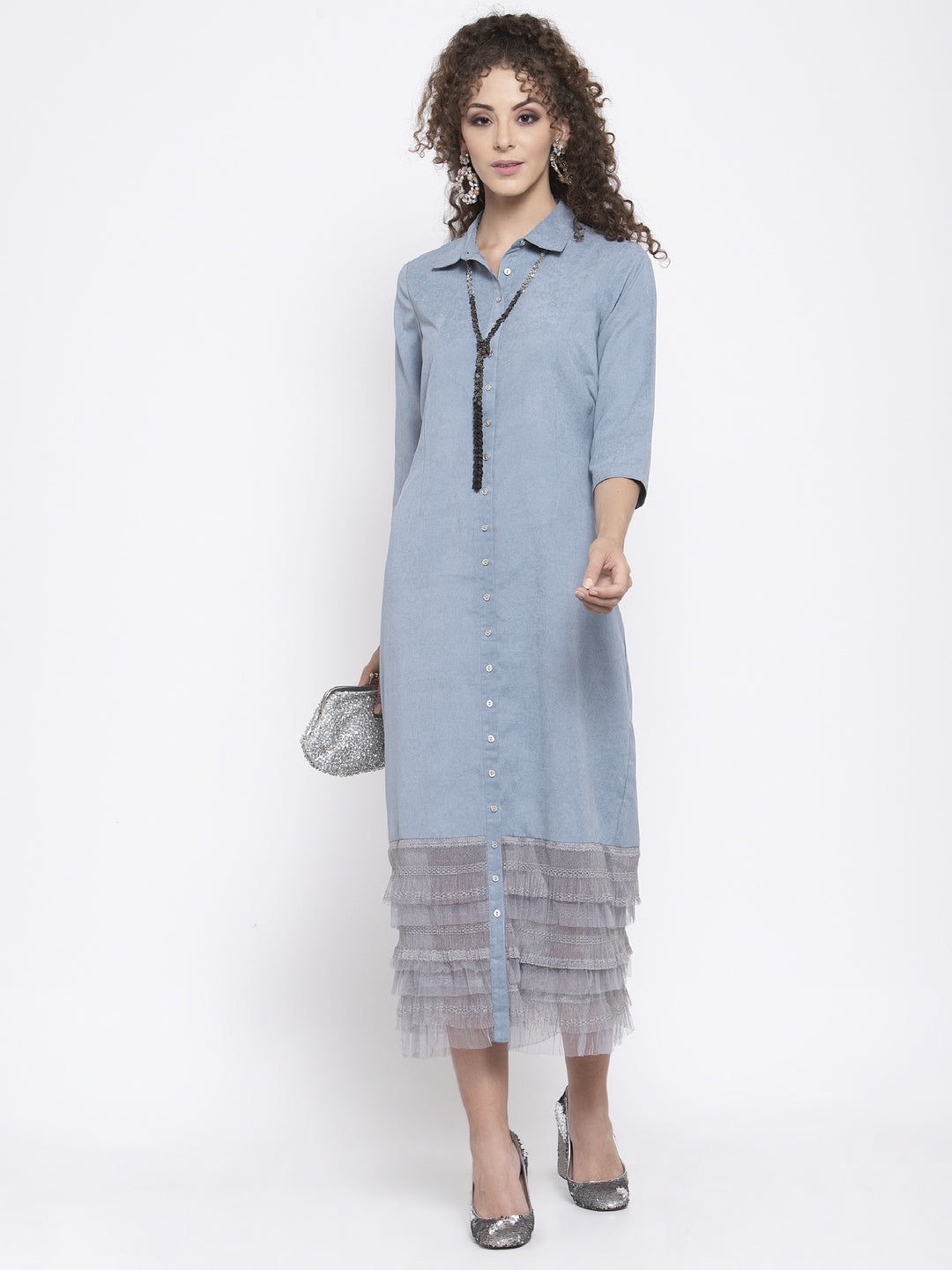 Blue Long Dress With Grey Frill At Bottom