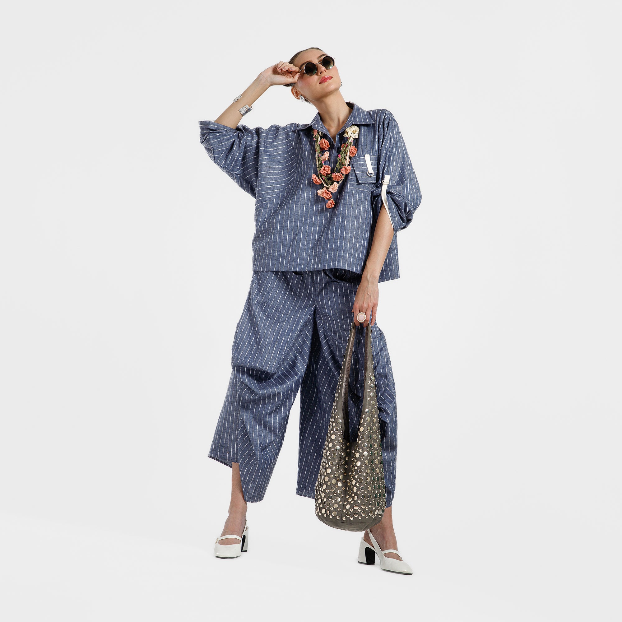 Blue Light Denim Line Top With White Tape
