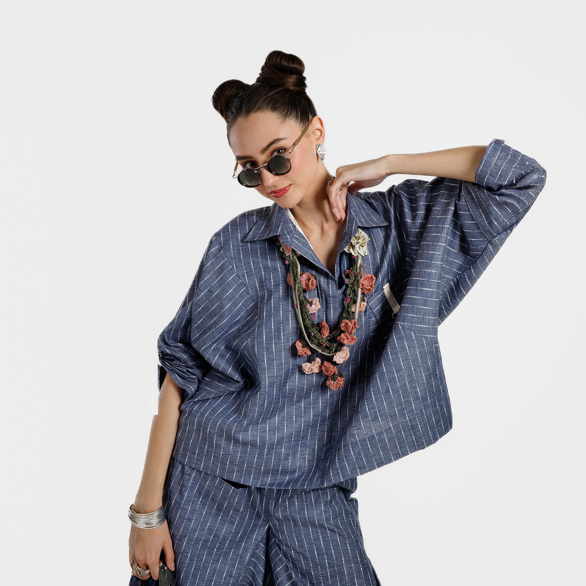 Blue Light Denim Line Top With White Tape