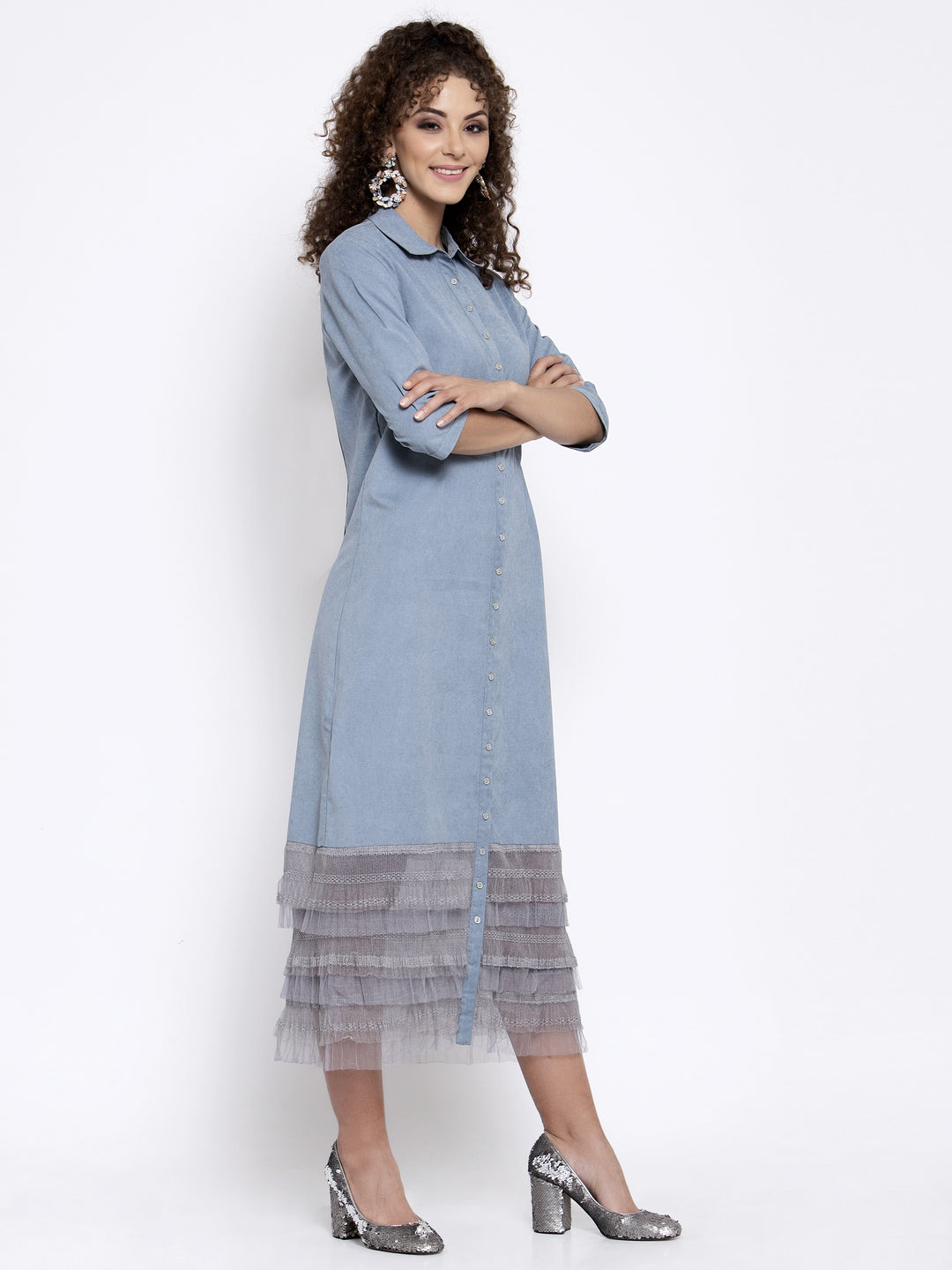 Blue Long Dress With Grey Frill At Bottom