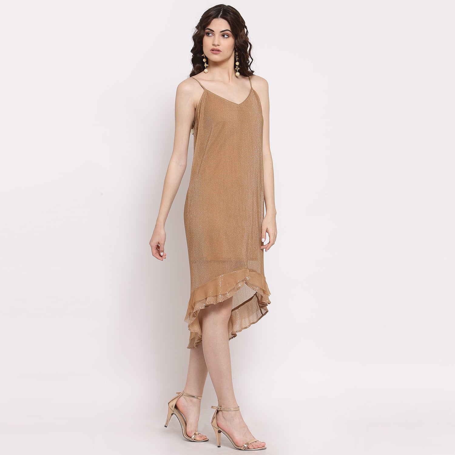 Beige Plisse Asymmetric Dress