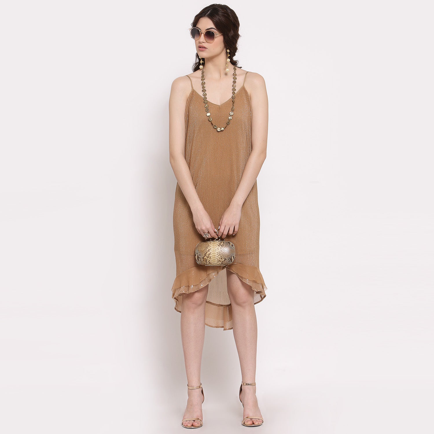 Beige Plisse Asymmetric Dress