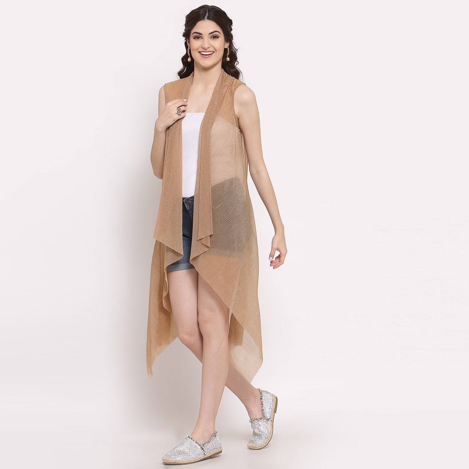 Beige Plisse Long Shrug