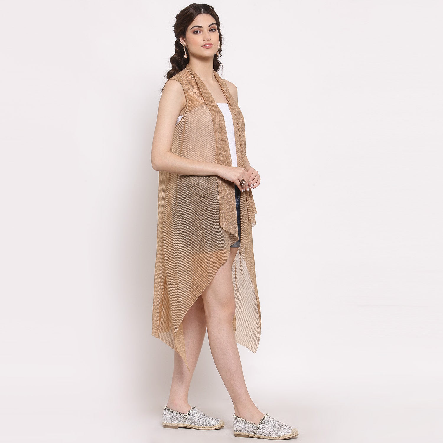 Beige Plisse Long Shrug