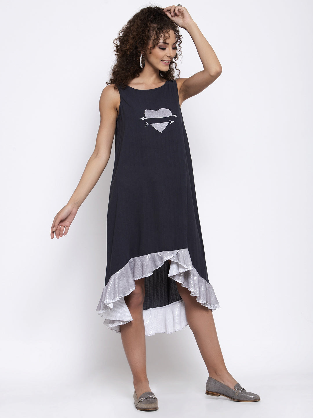 Grey Dress With Sequins Frill And Heart Embroidery