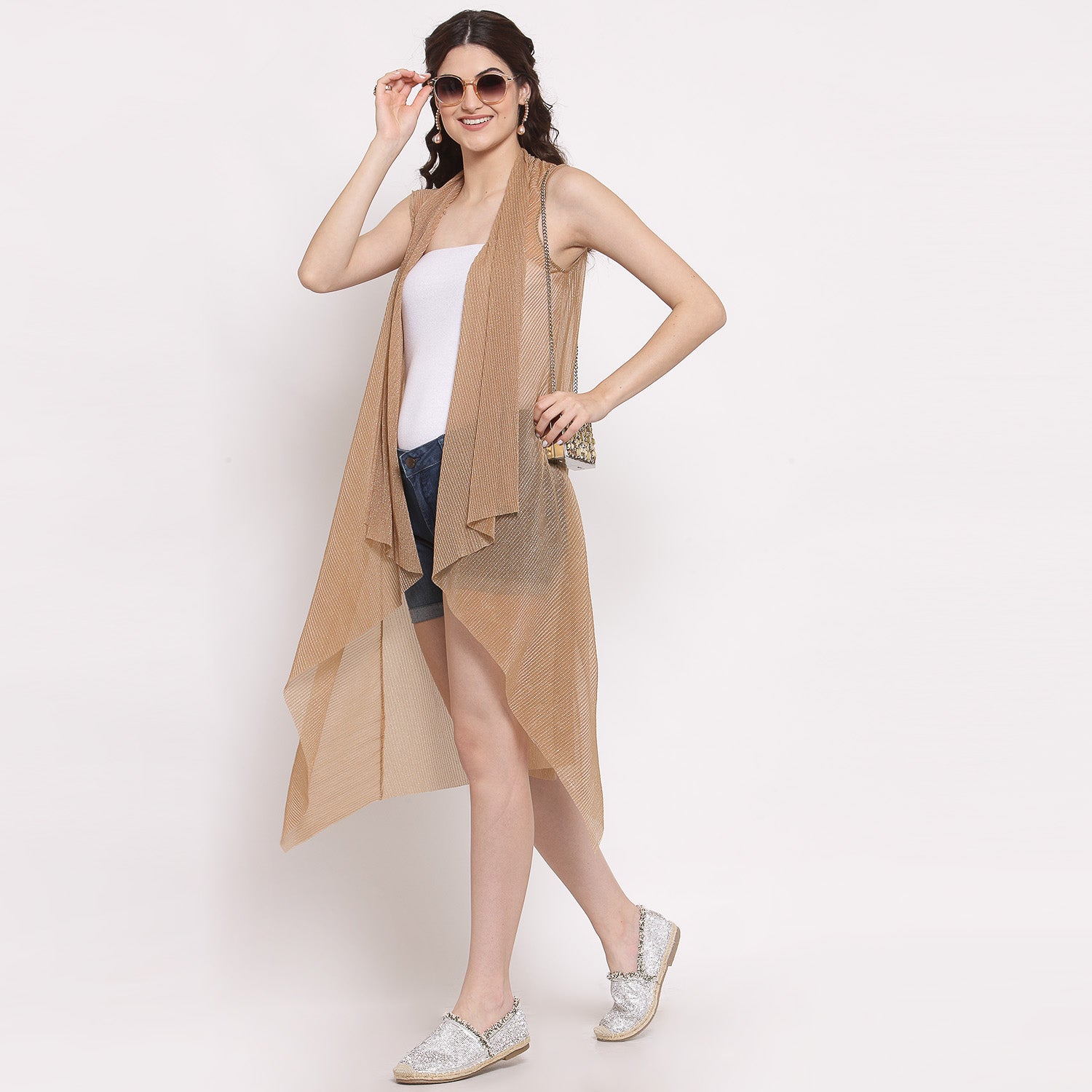 Beige Plisse Long Shrug