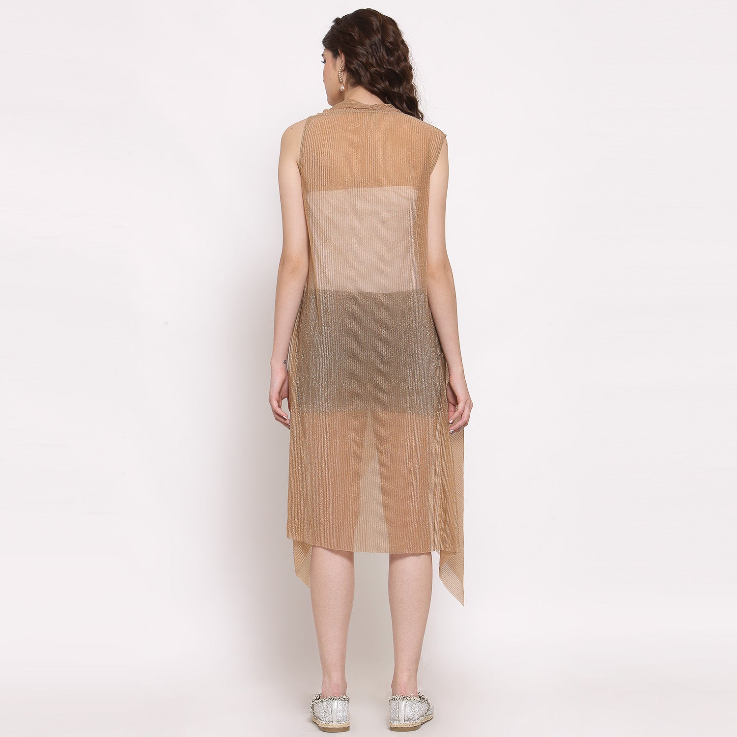 Beige Plisse Long Shrug