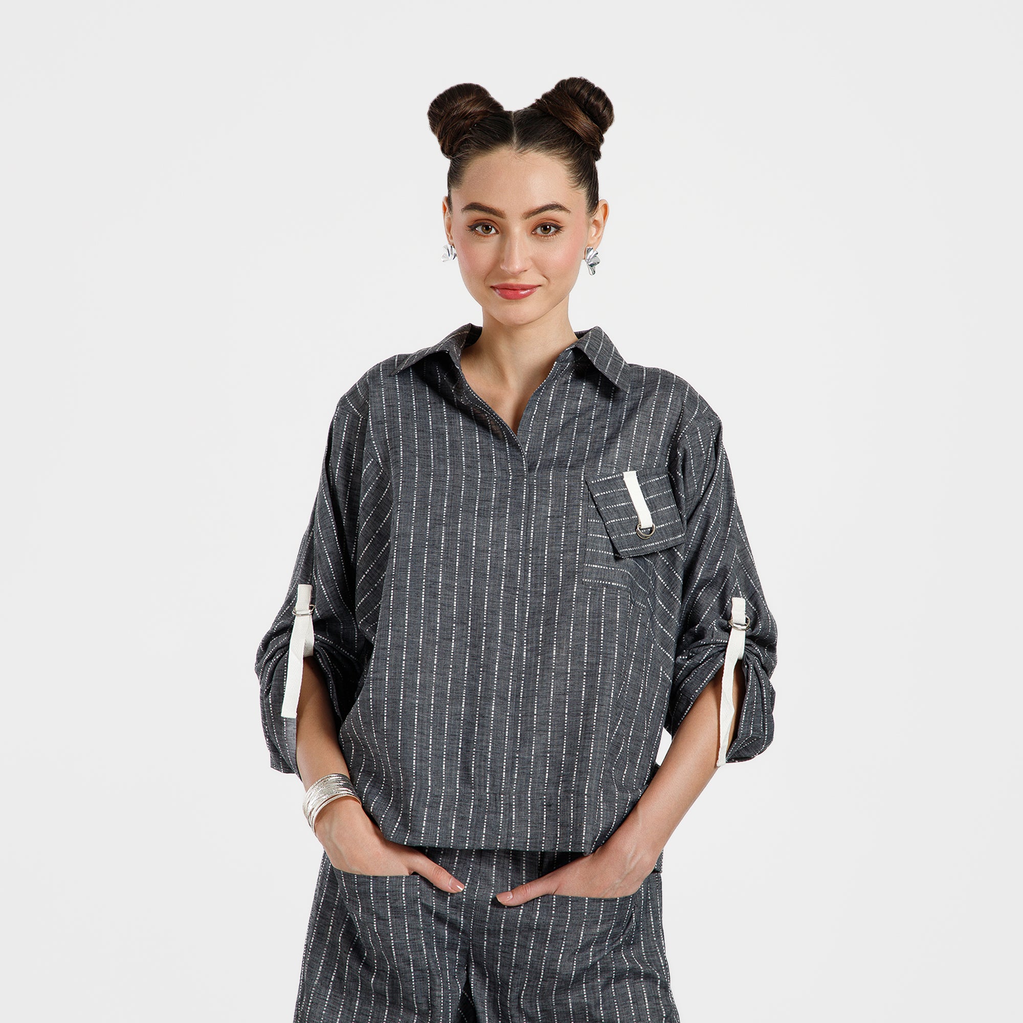 Grey Light Denim Line Top With White Tape