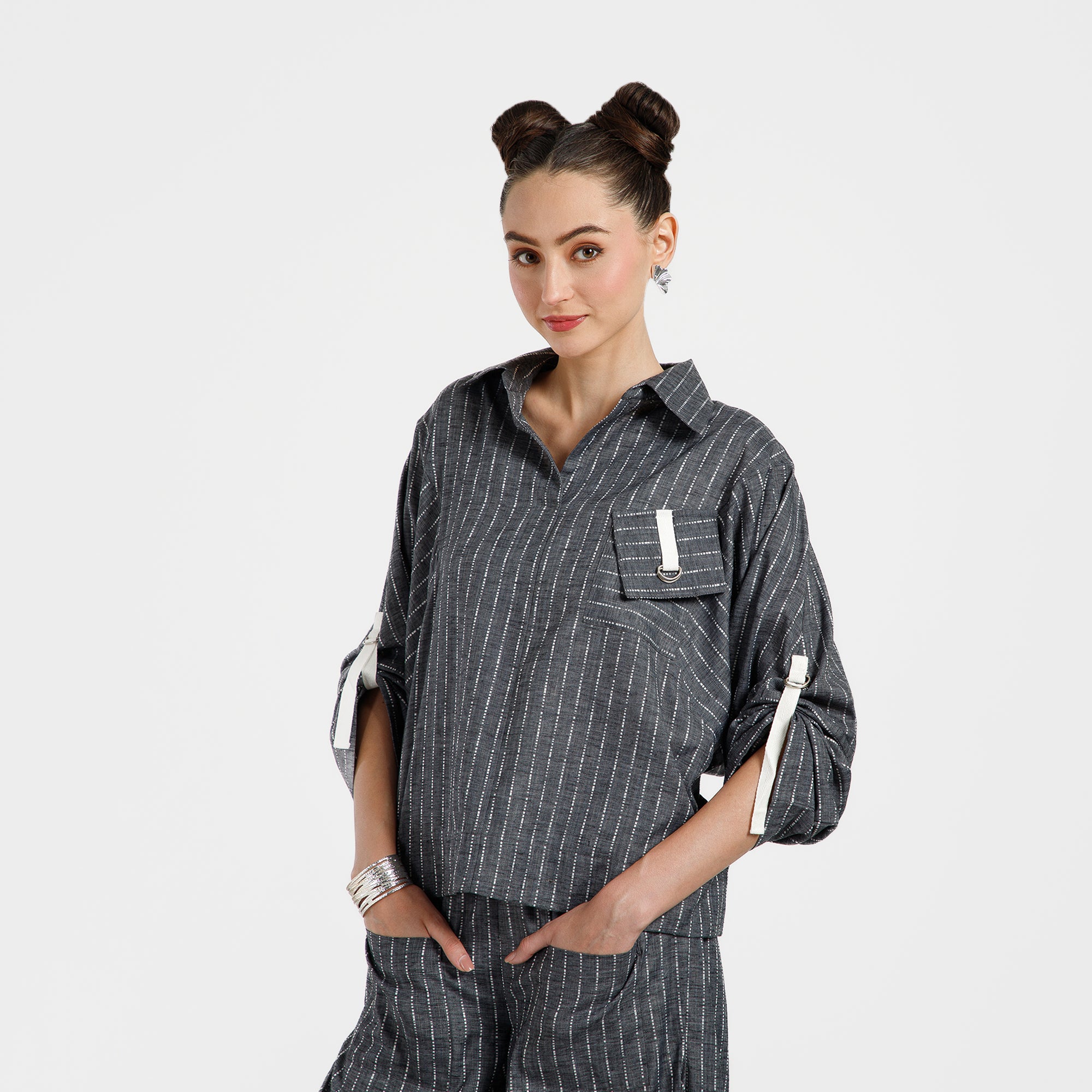 Grey Light Denim Line Top With White Tape
