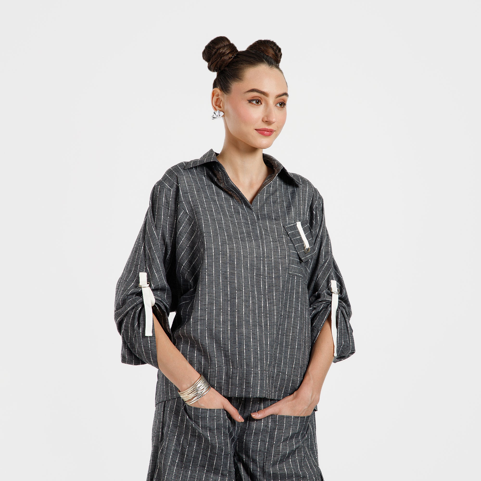 Grey Light Denim Line Top With White Tape