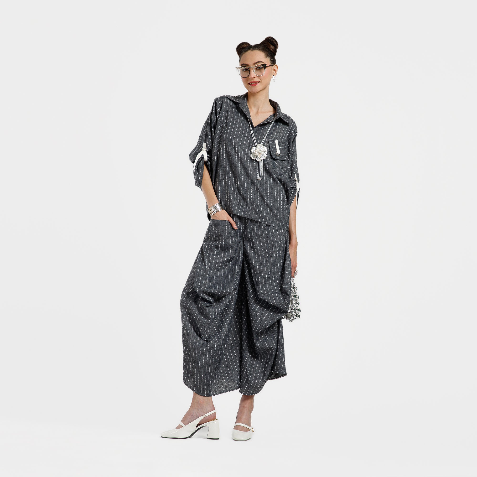 Grey Light Denim Draped Plazzo
