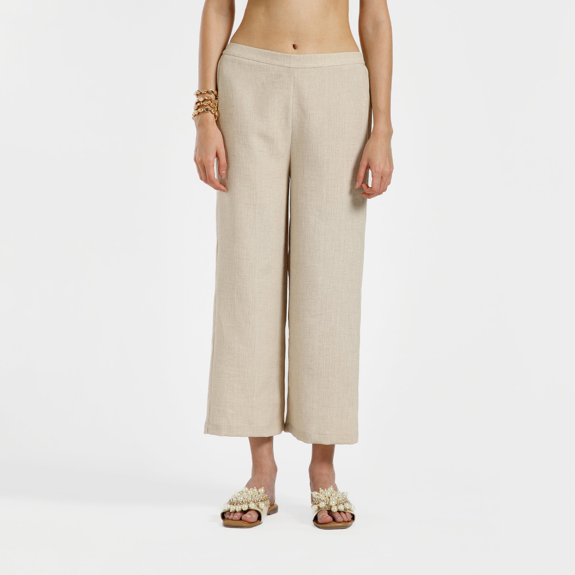 Off White Cotton Slub Linen Textured Plazzo