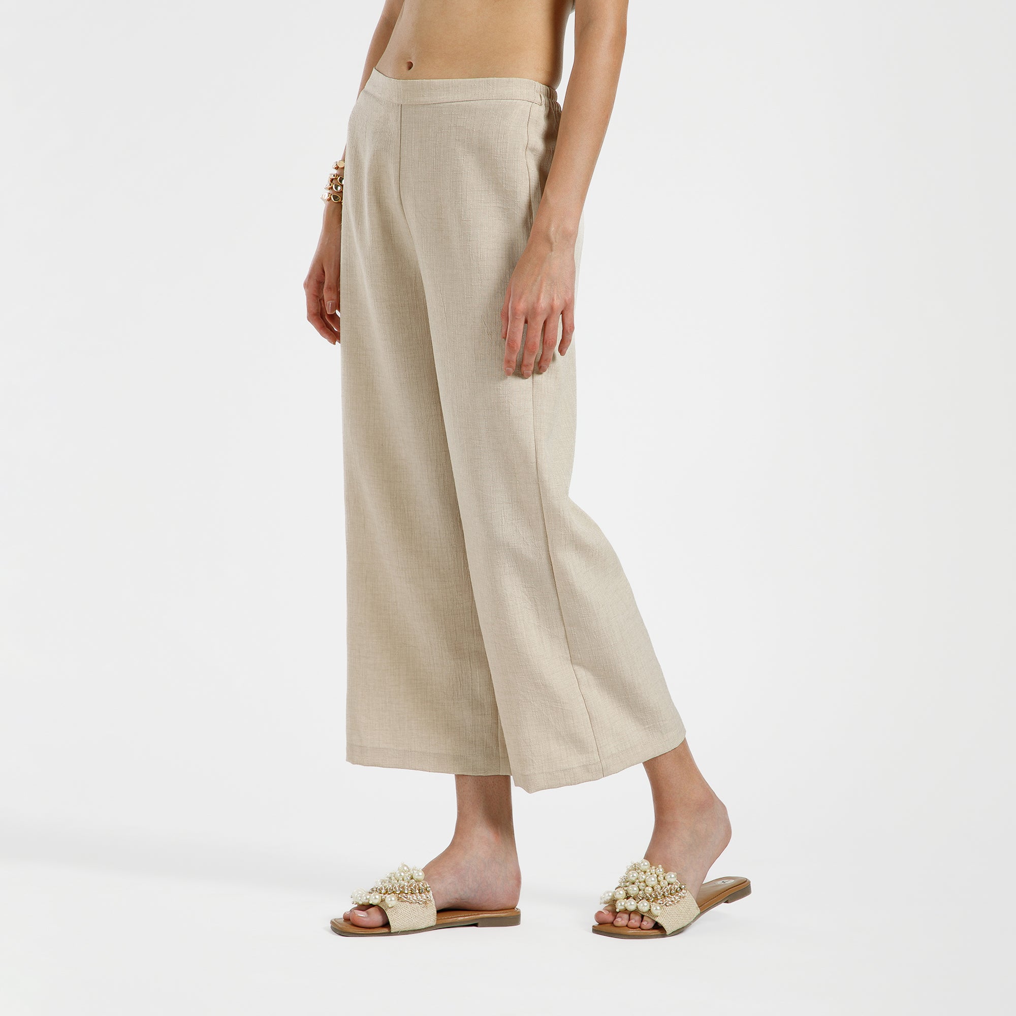 Off White Cotton Slub Linen Textured Plazzo