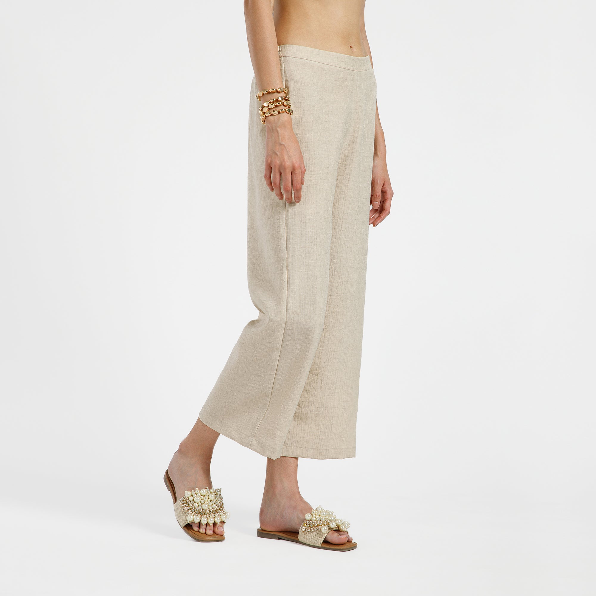 Off White Cotton Slub Linen Textured Plazzo