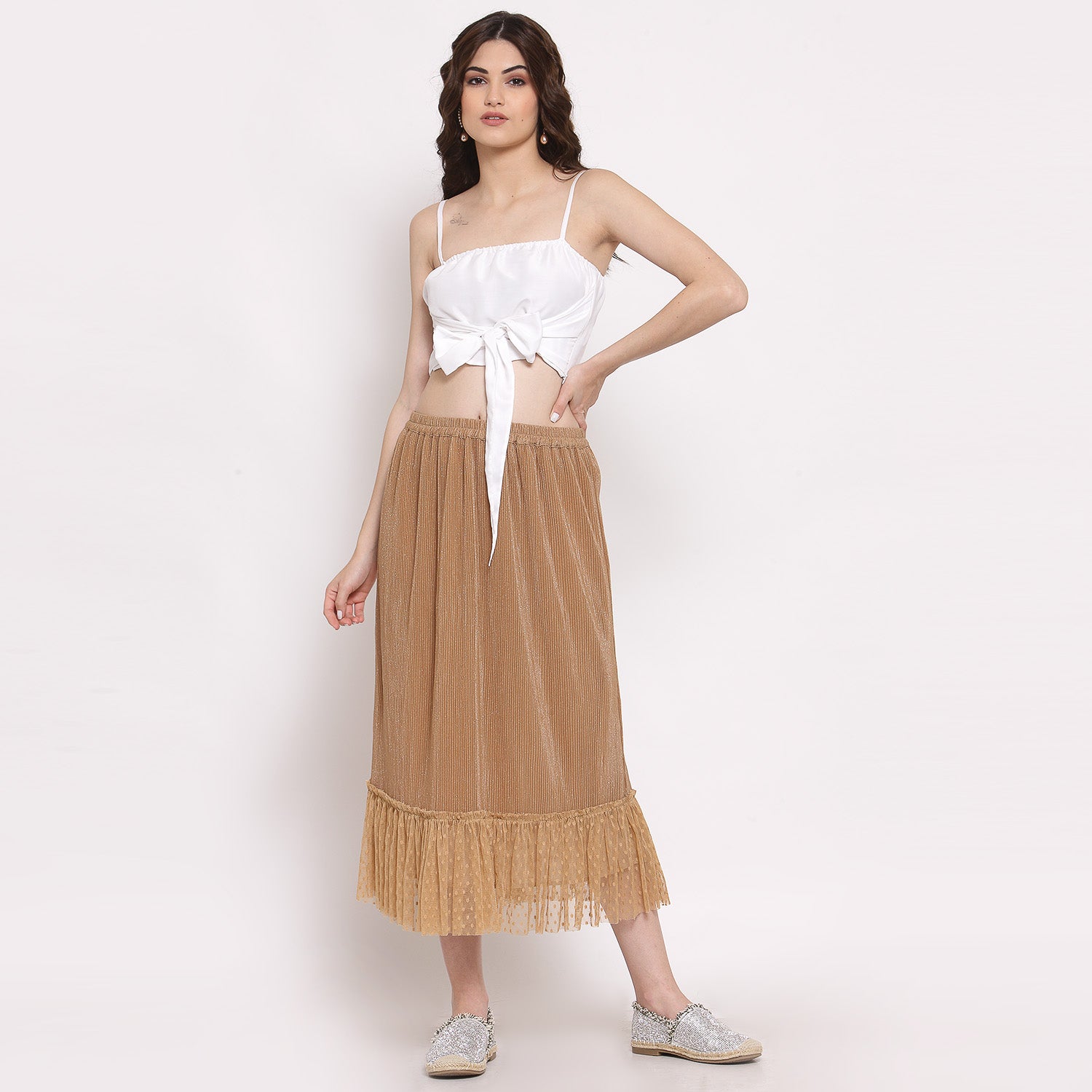 Beige Plisse Long Skirt With Frill