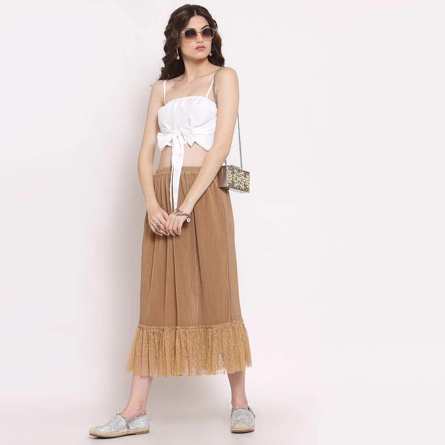 Beige Plisse Long Skirt With Frill