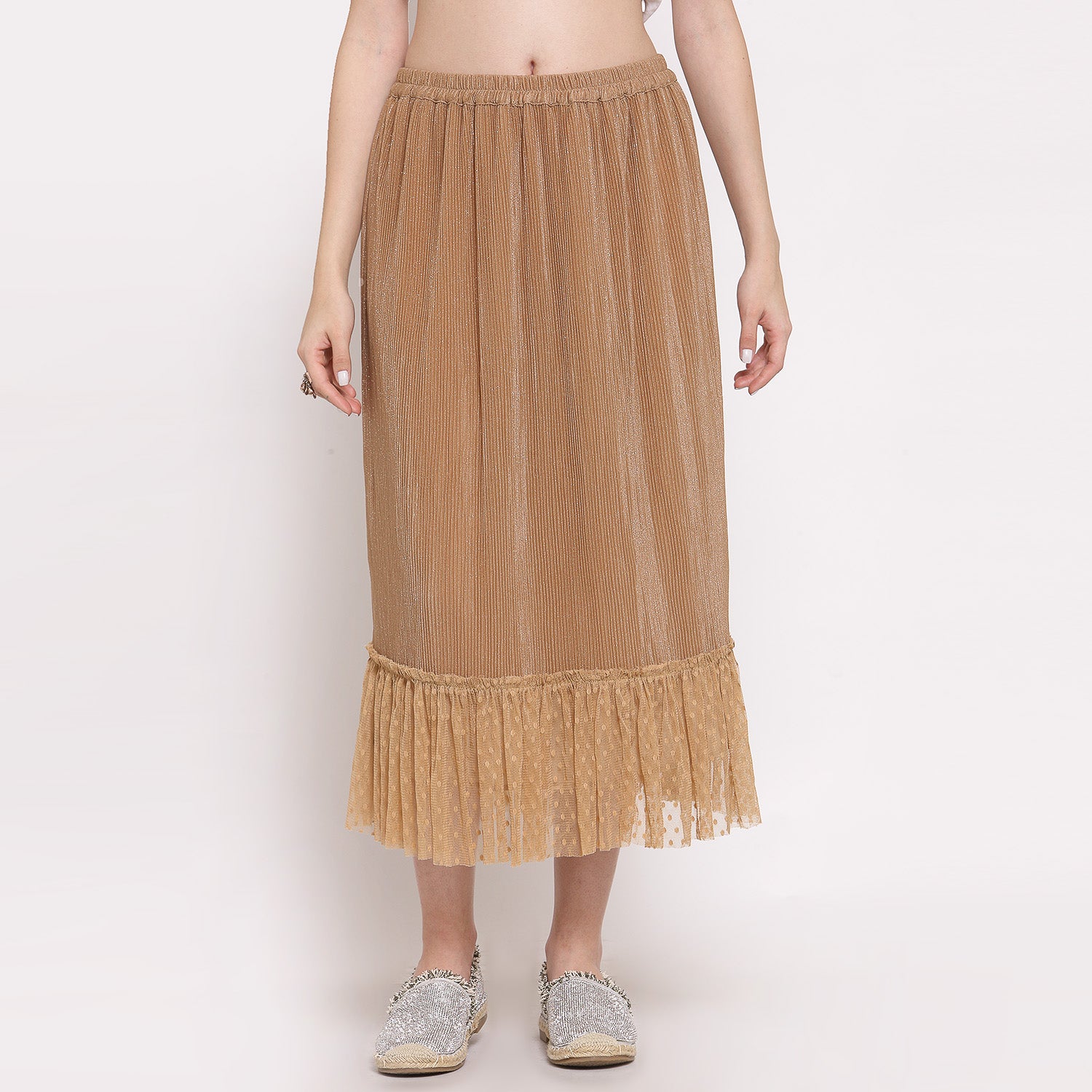 Beige Plisse Long Skirt With Frill