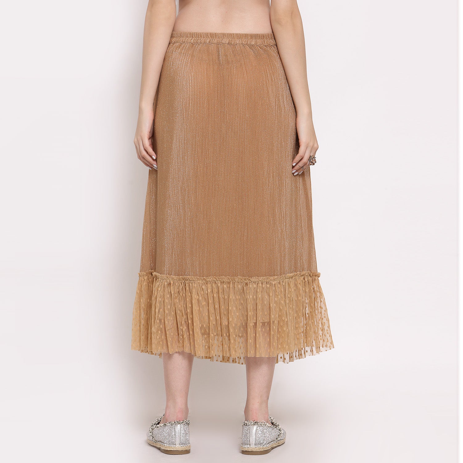 Beige Plisse Long Skirt With Frill